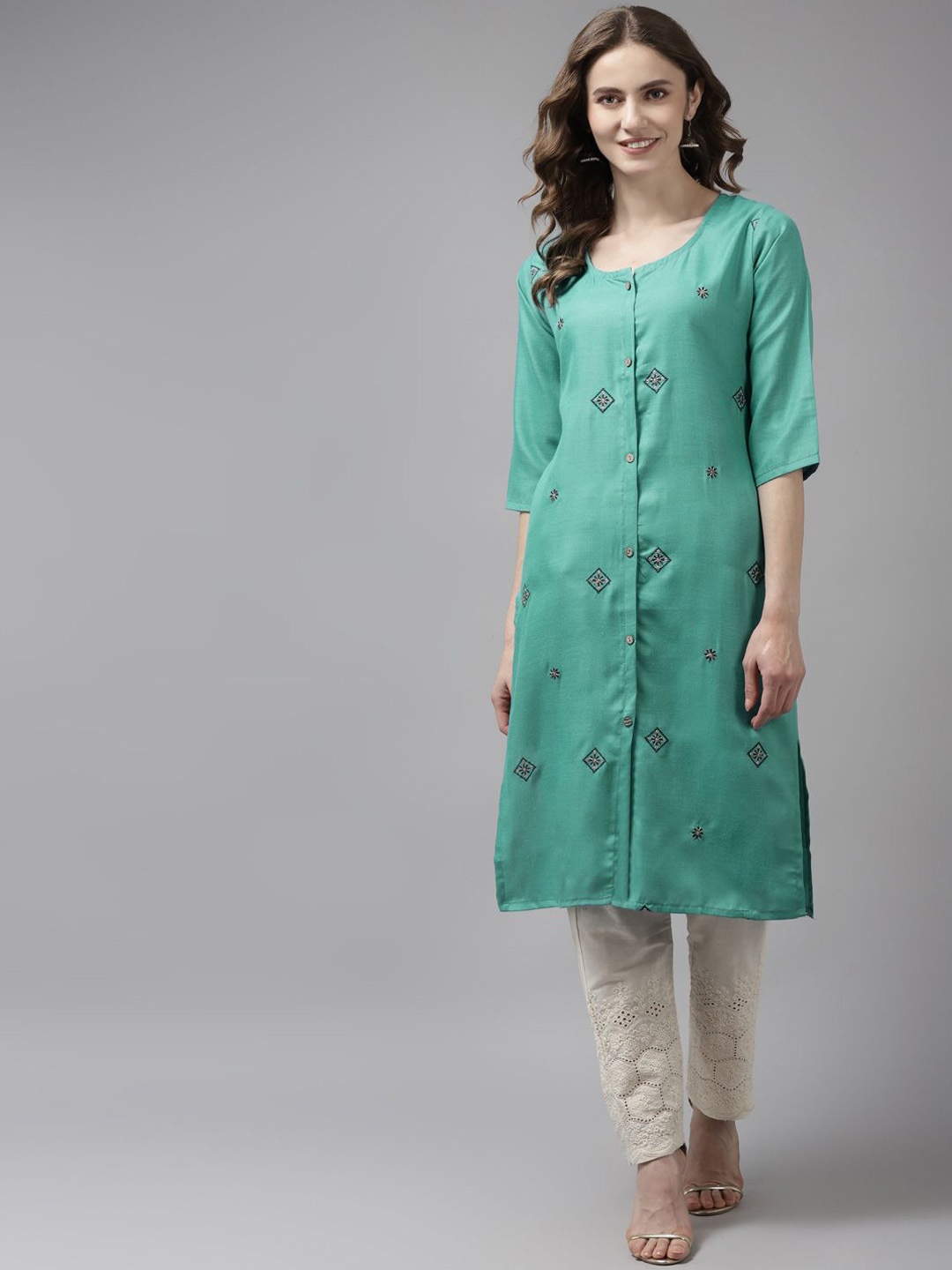 

BAESD Women Geometric Embroidered Flared Sleeves Thread Work Kurta, Turquoise blue