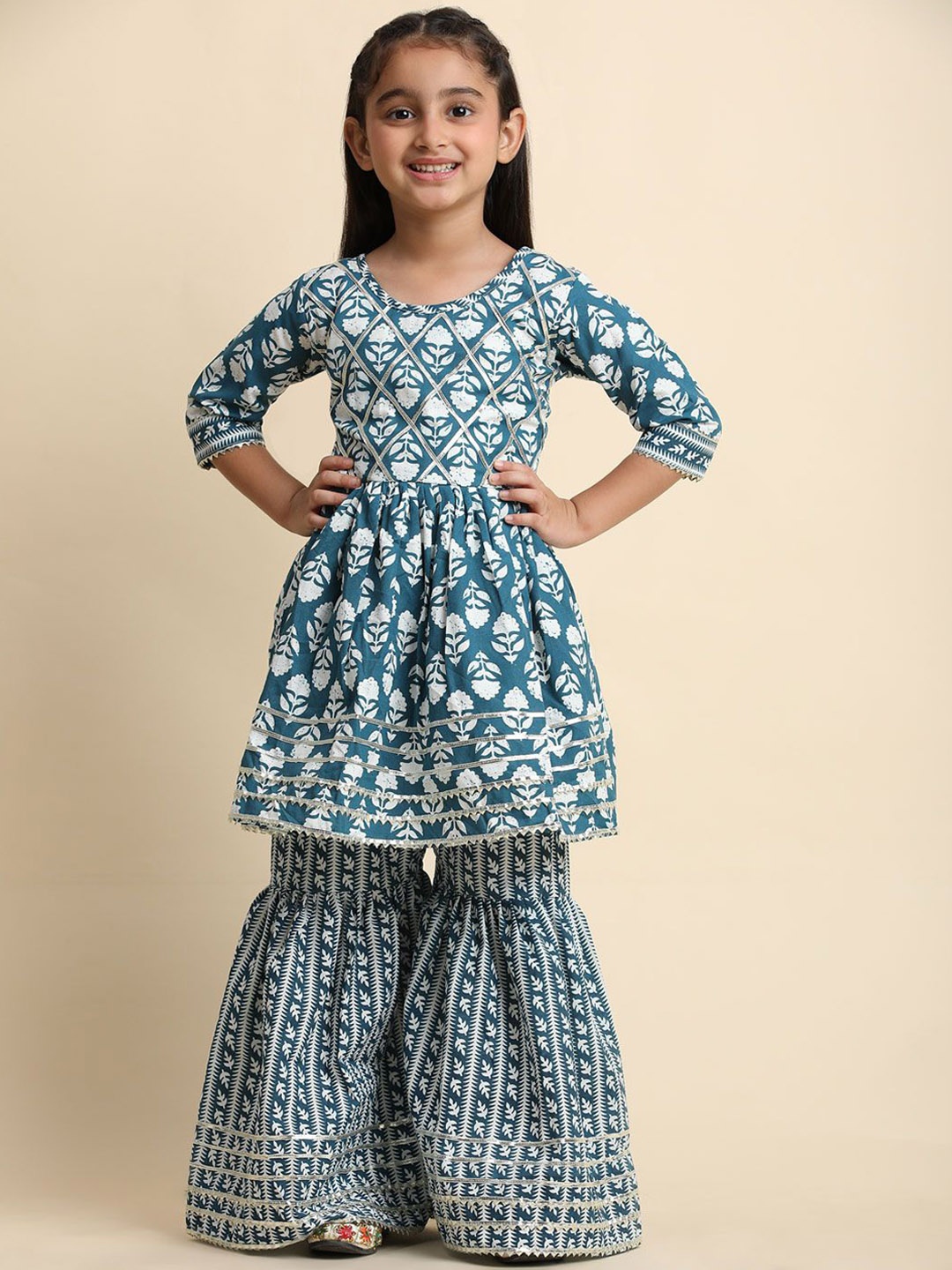 

SHIJILA Girls Floral Printed A-Line Kurta with Sharara, Blue