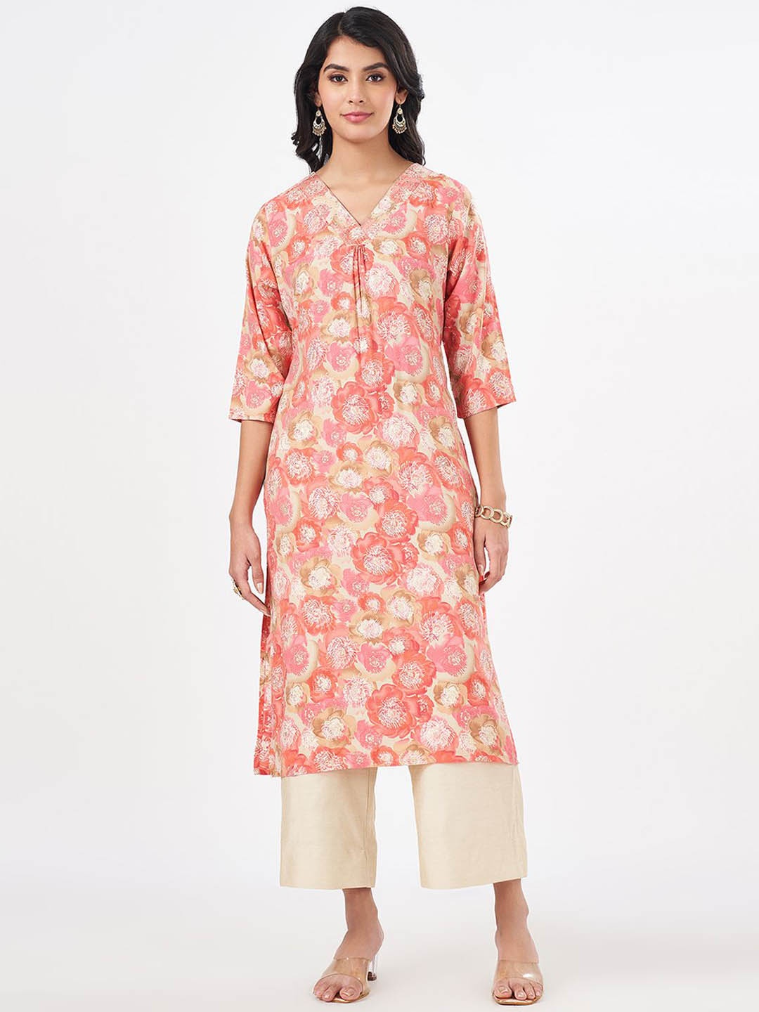 

RANGMANCH BY PANTALOONS Women Floral Printed Flared Sleeves Thread Work Anarkali Kurta, Peach