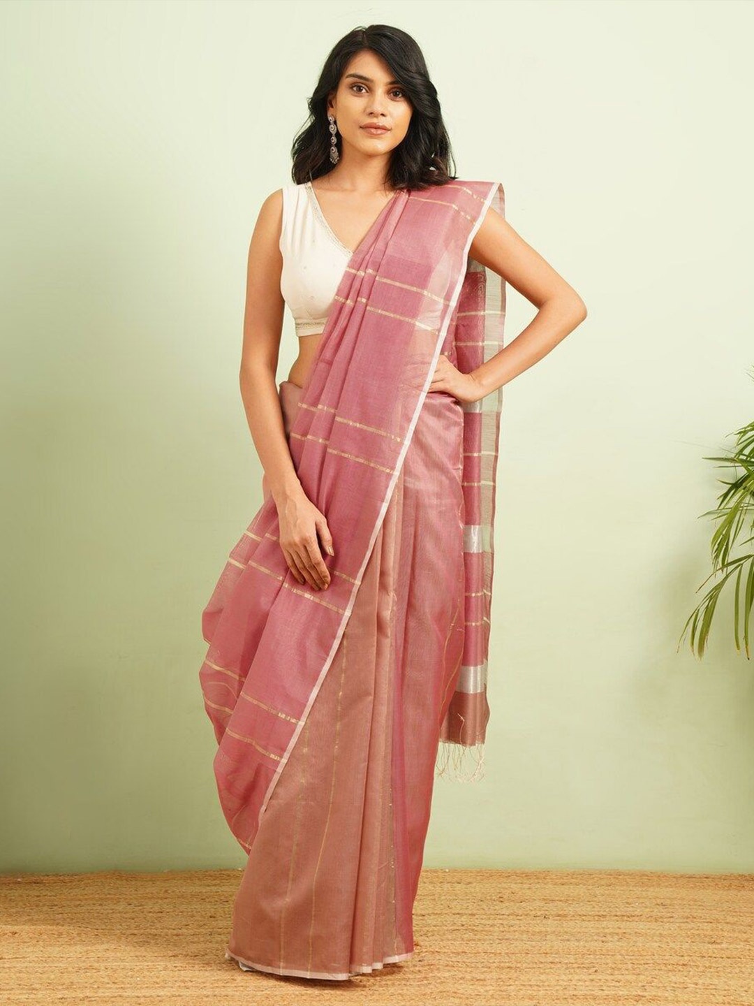 

JAYPORE Zari Maheshwari Saree, Pink