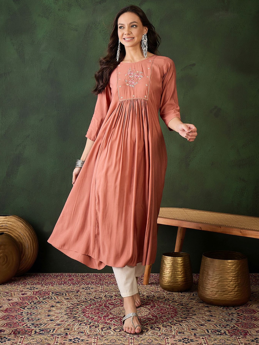 

Sangria Women Solid Embroidered Cotton Anarkali Kurta, Coral