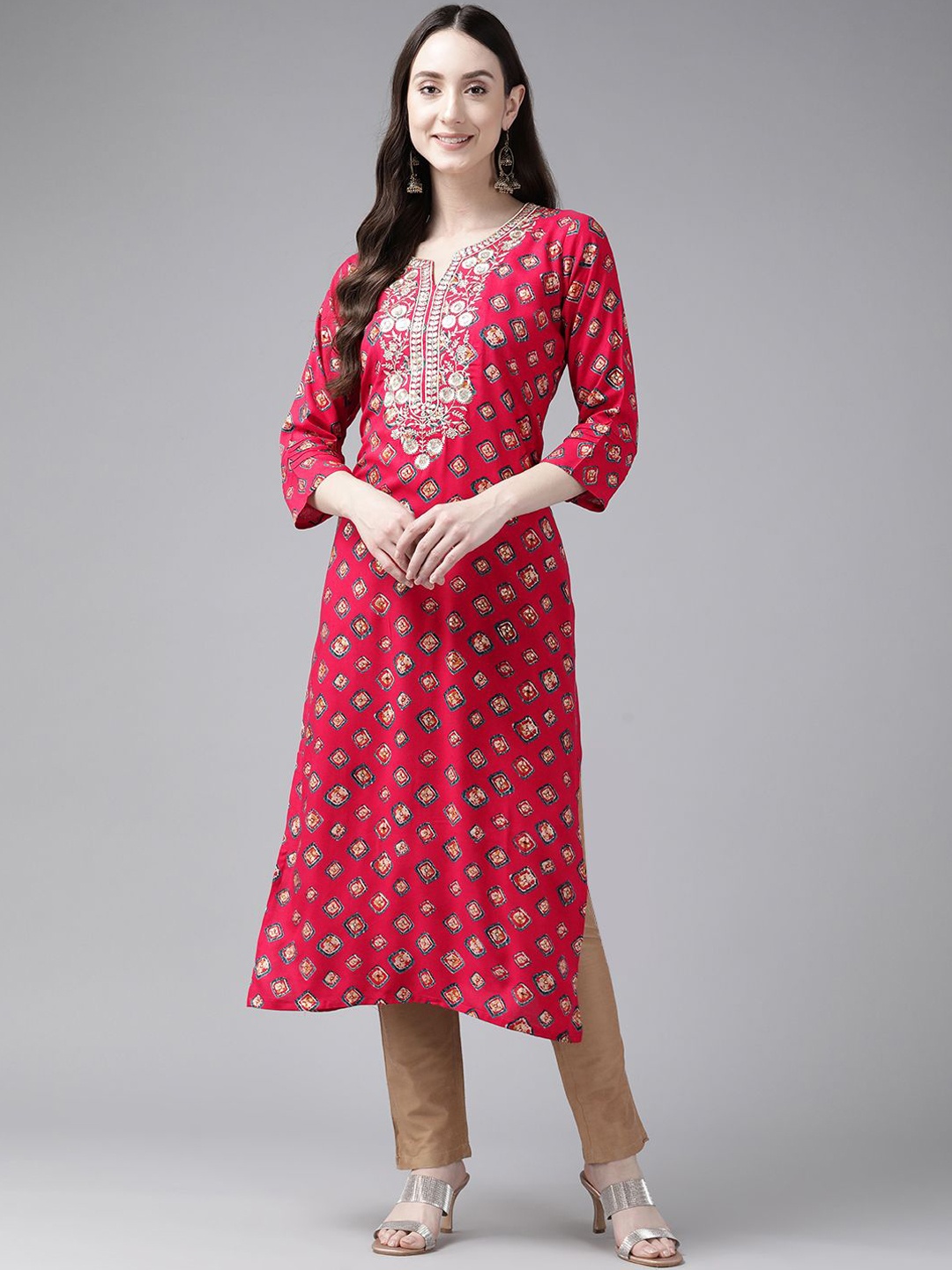 

BAESD Women Floral Printed Flared Sleeves Thread Work Kurta, Pink