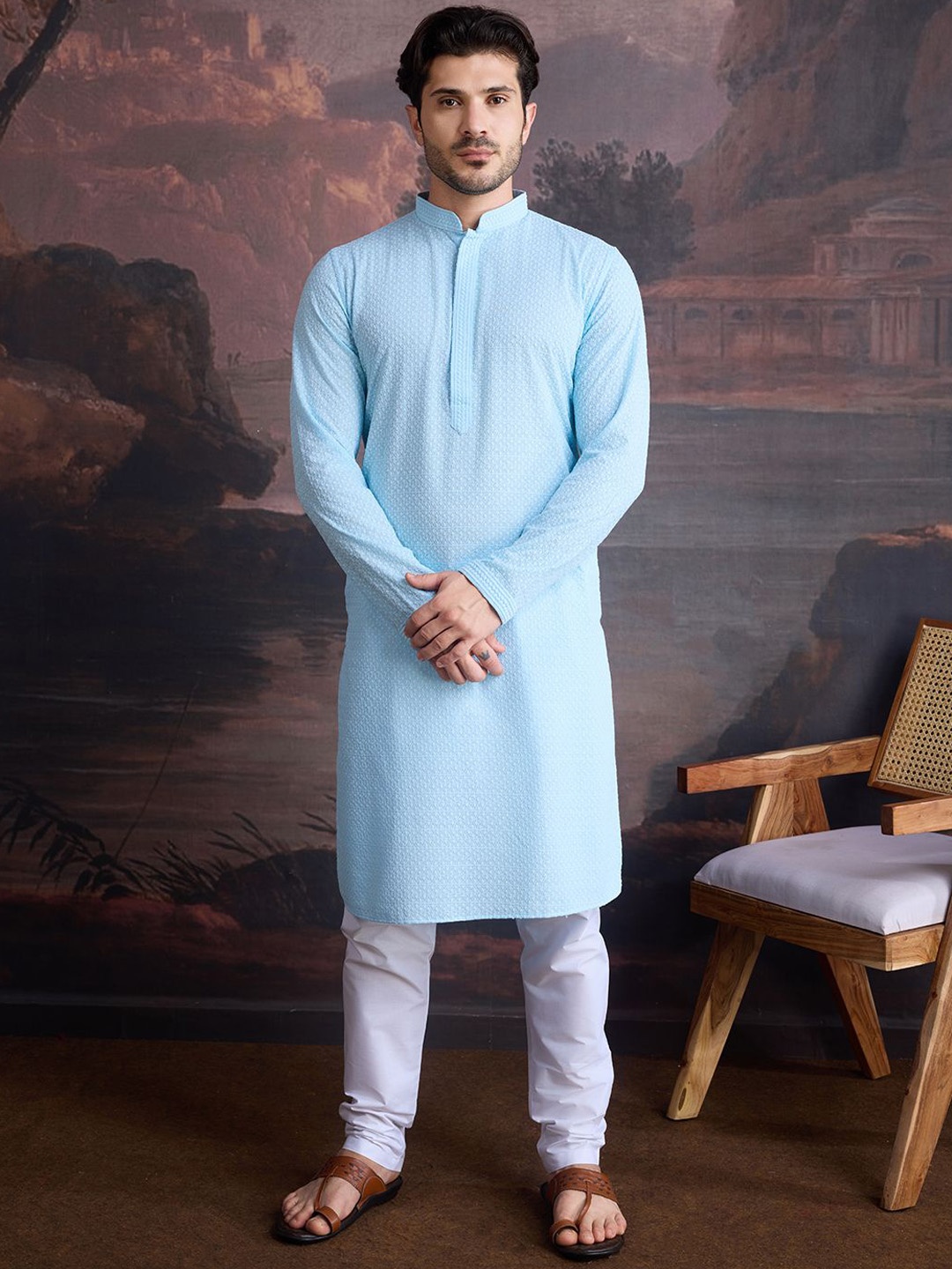 

House of Pataudi Floral Embroidered Mandarin Collar Chikankari Straight Kurta With Pyjamas, Blue