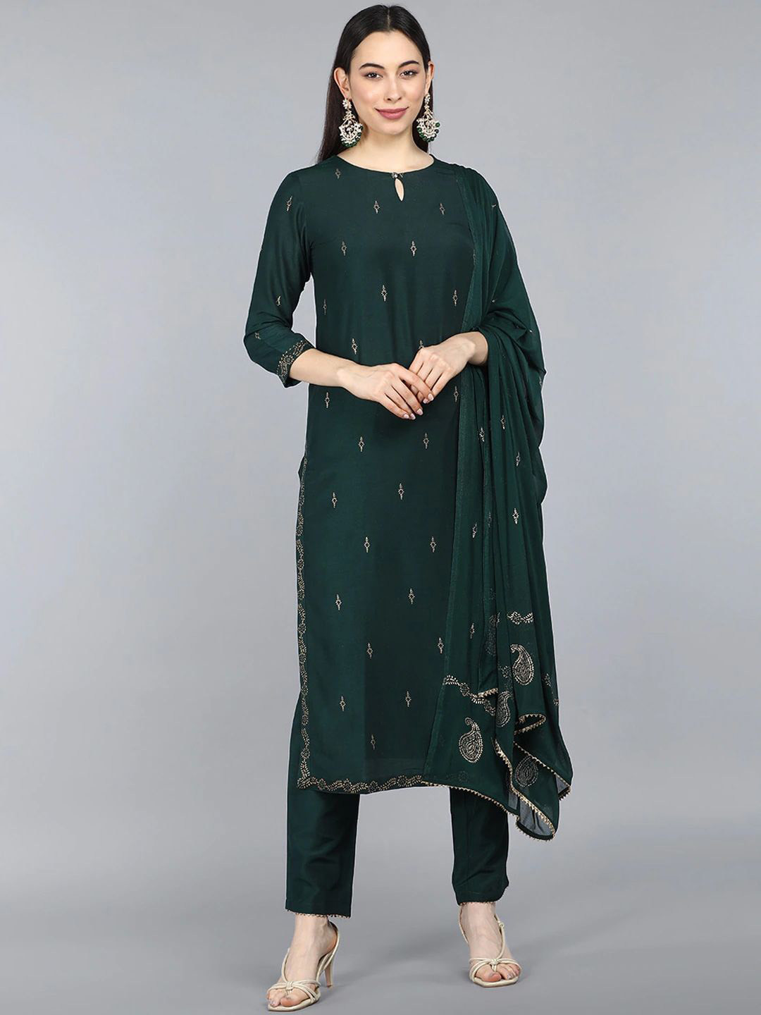 

KALINI Ethnic Motifs Printed Straight Kurta With Trousers & Dupatta, Green