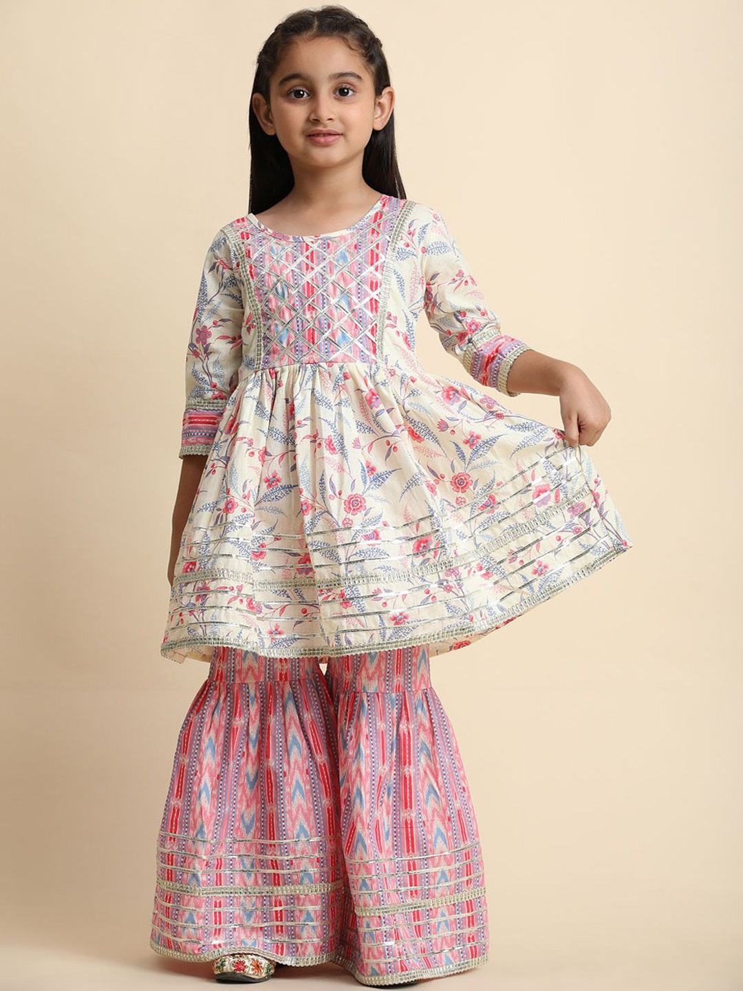 

SHIJILA Girls Floral Printed A-Line Kurta with Sharara, White