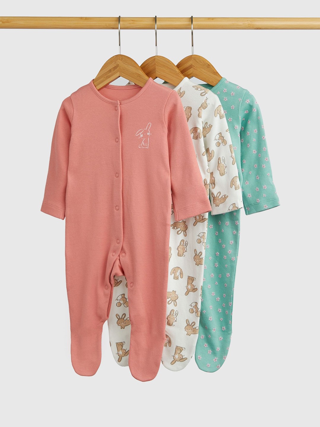

mothercare Girls Pack of 3 Cotton Printed Sleepsuit, Green