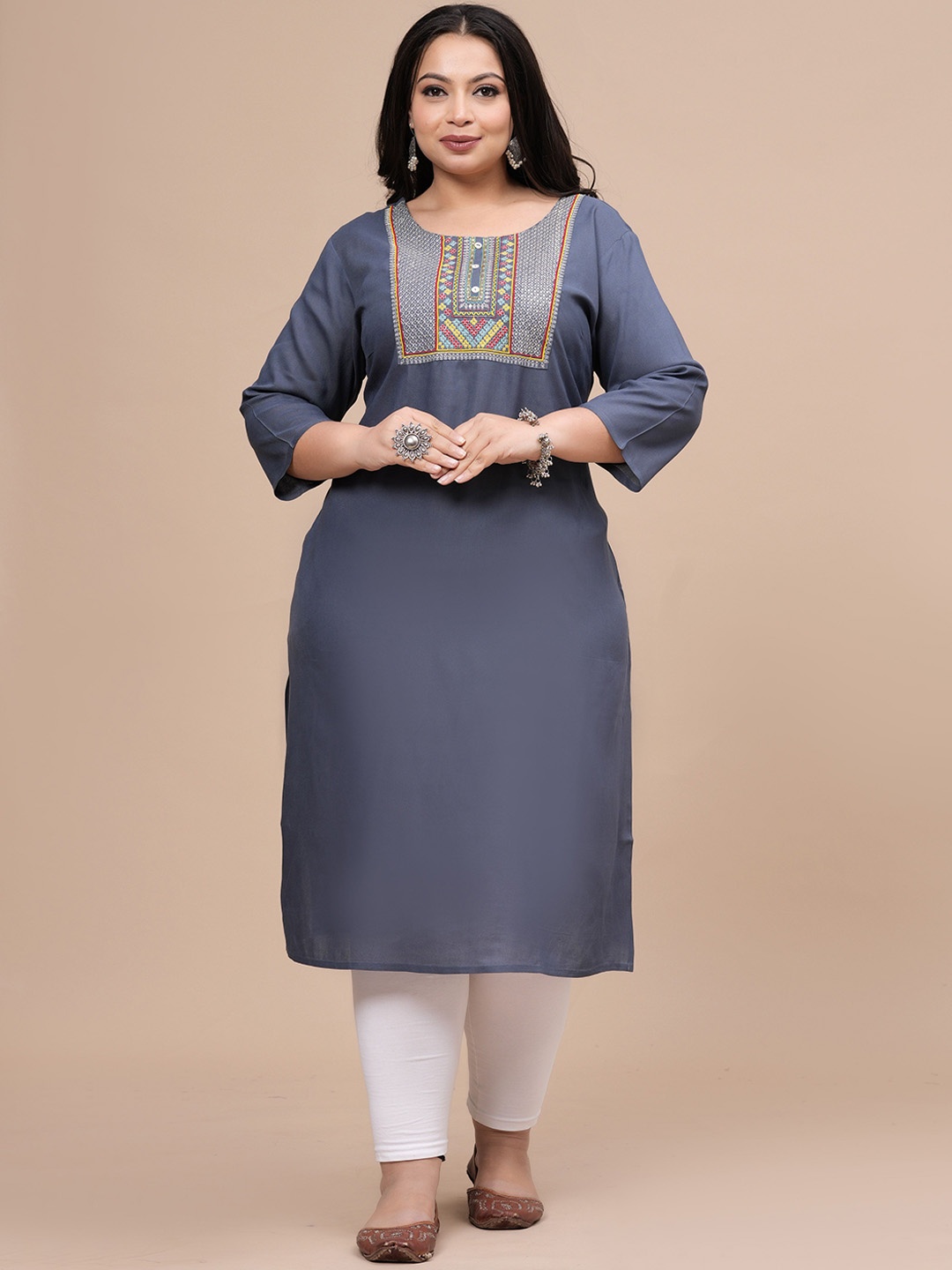 

Sztori Women Colourblocked Flared Sleeves Mirror Work Kurta, Grey