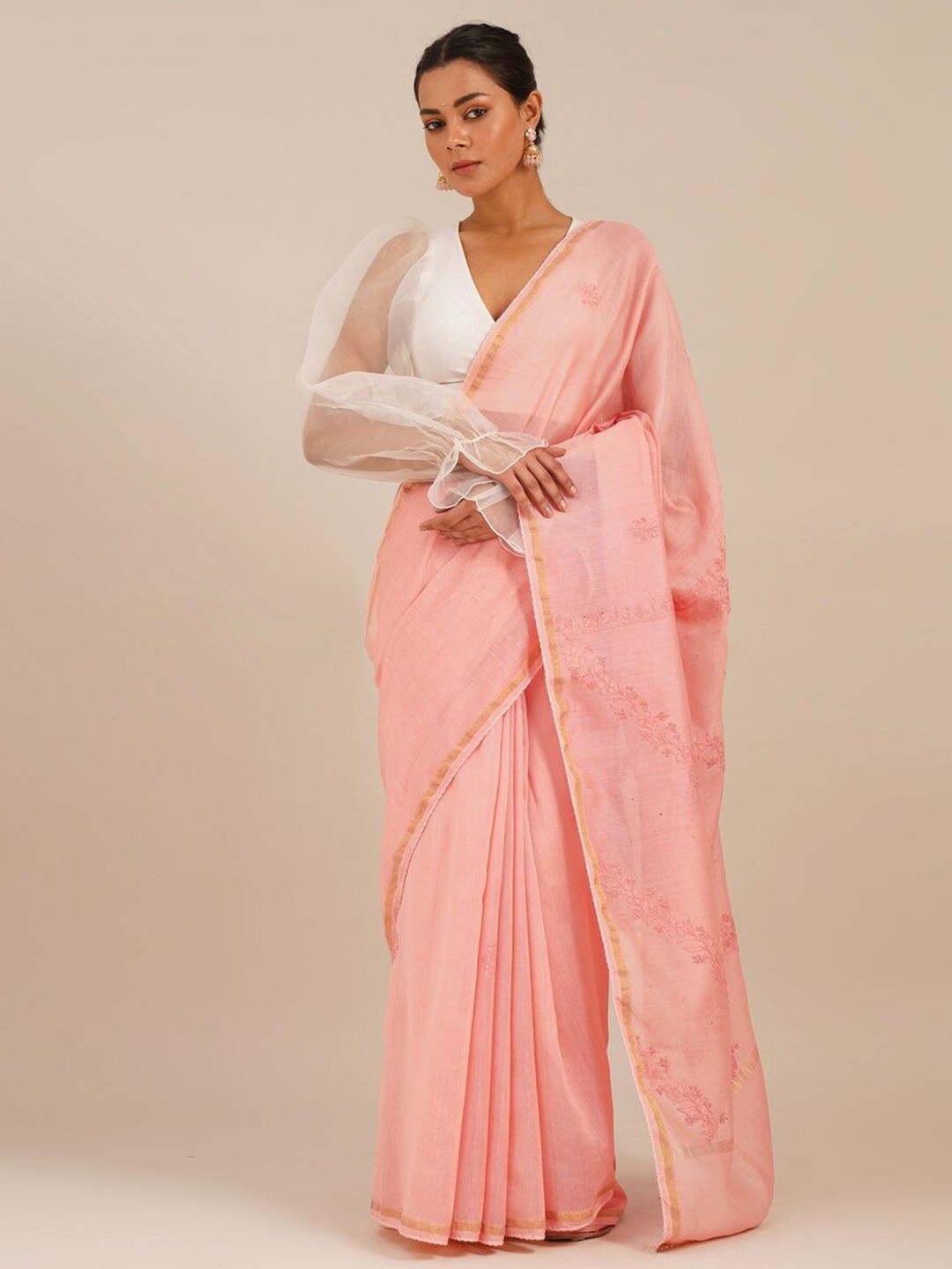 

JAYPORE Floral Embroidered Chikankari Saree, Pink