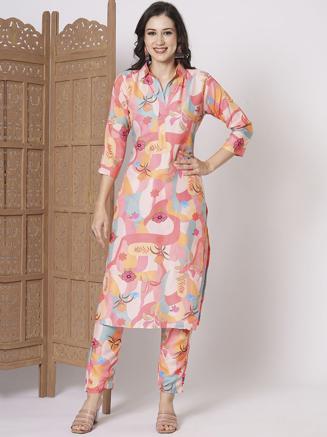 

KAYOMMI Women Printed Regular Kurta with Pyjamas, Peach
