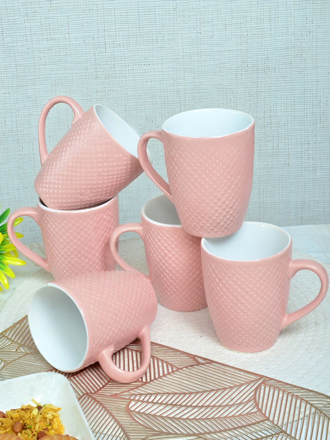 

FABINALIV Peach-Coloured & White 6 Pieces Textured Ceramic Glossy Mugs 300 ml