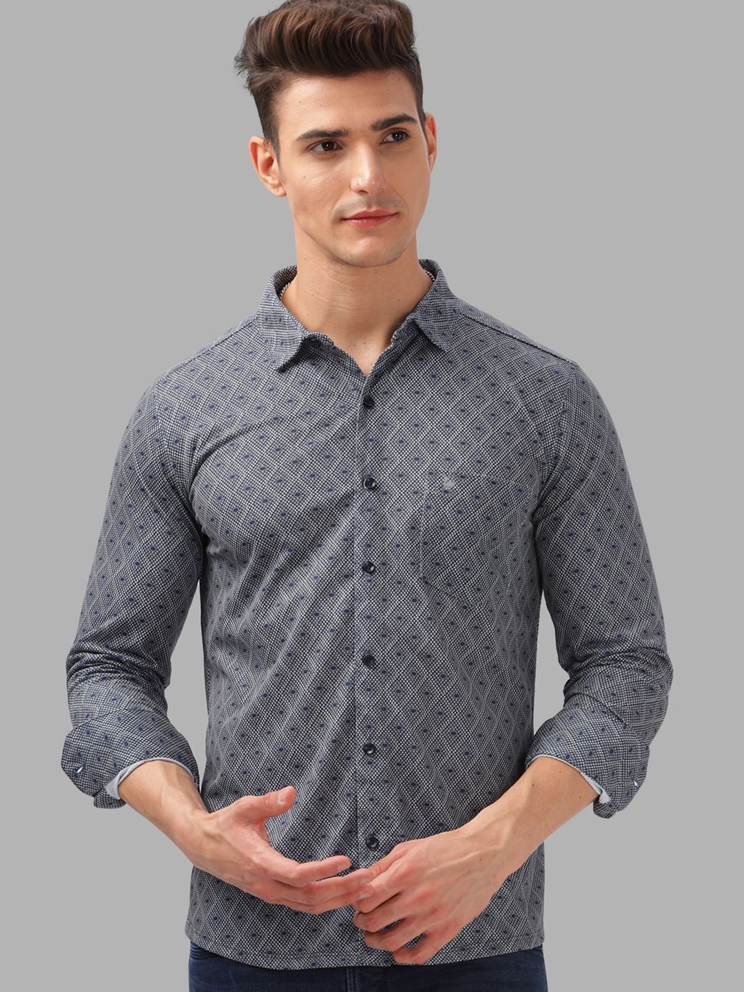 

BULLMER Men Spread Collar Abstract Printed Cotton Casual Shirt, Grey