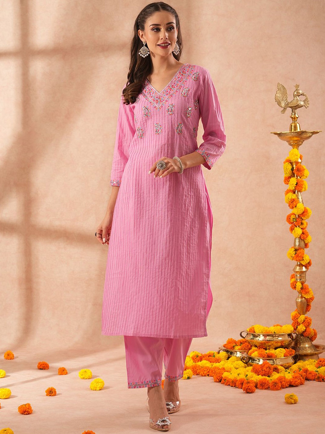 

FASHOR Embroidered V-Neck Pure Cotton Tunic With Trouser, Pink