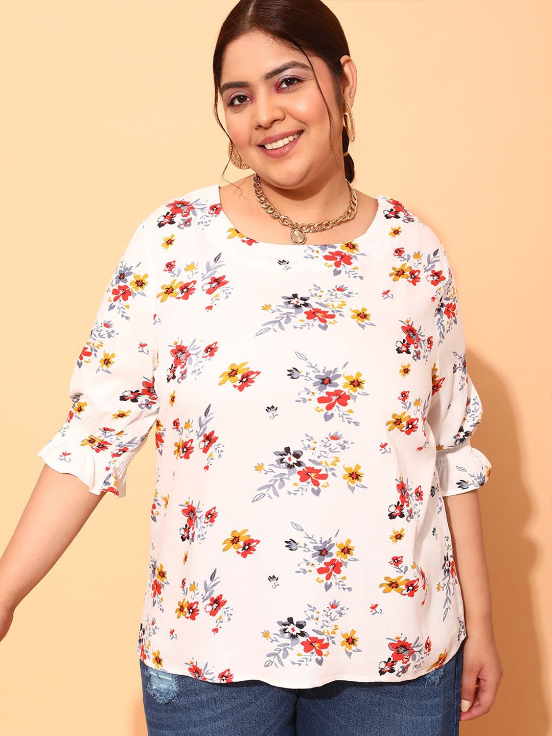 

CURVY STREET Women Floral Printed Round Neck Plus Size Top, Cream