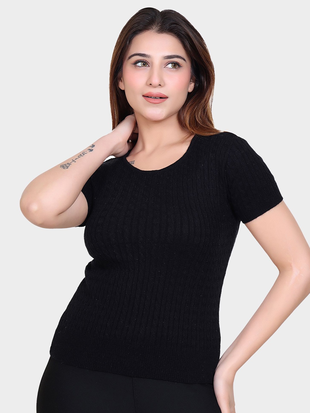 

LEZA Women Solid Round Neck Cotton Top, Black