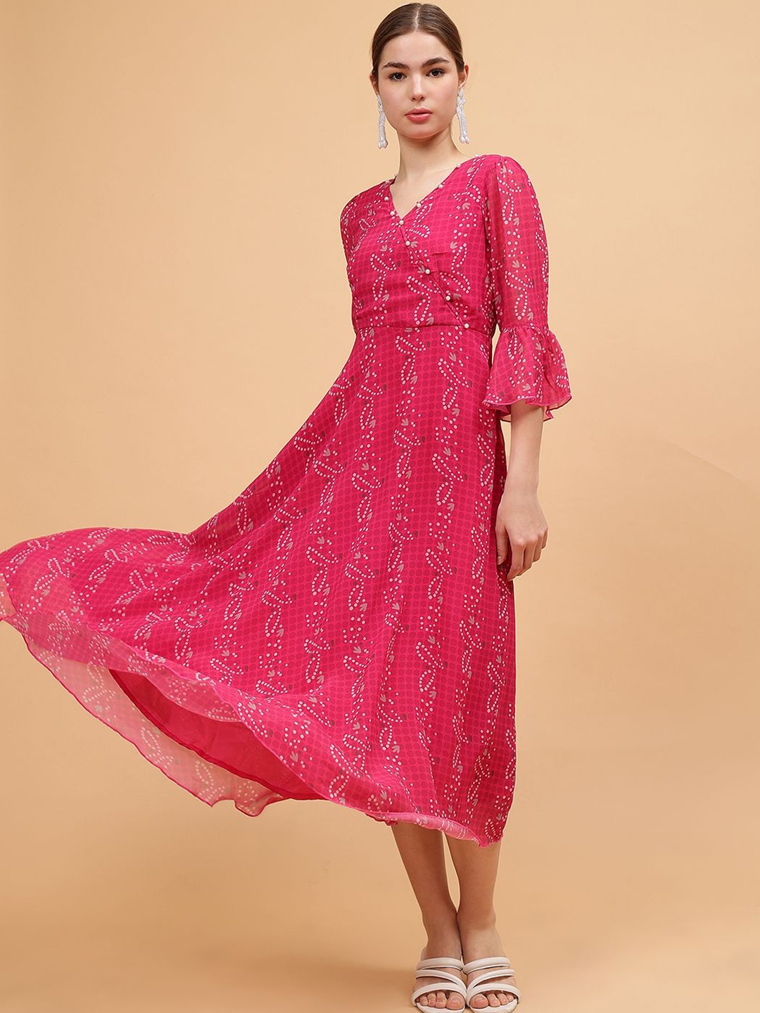 

Frolic Rolic Floral Print Embellished V Neck Georgette Maxi Dress, Pink