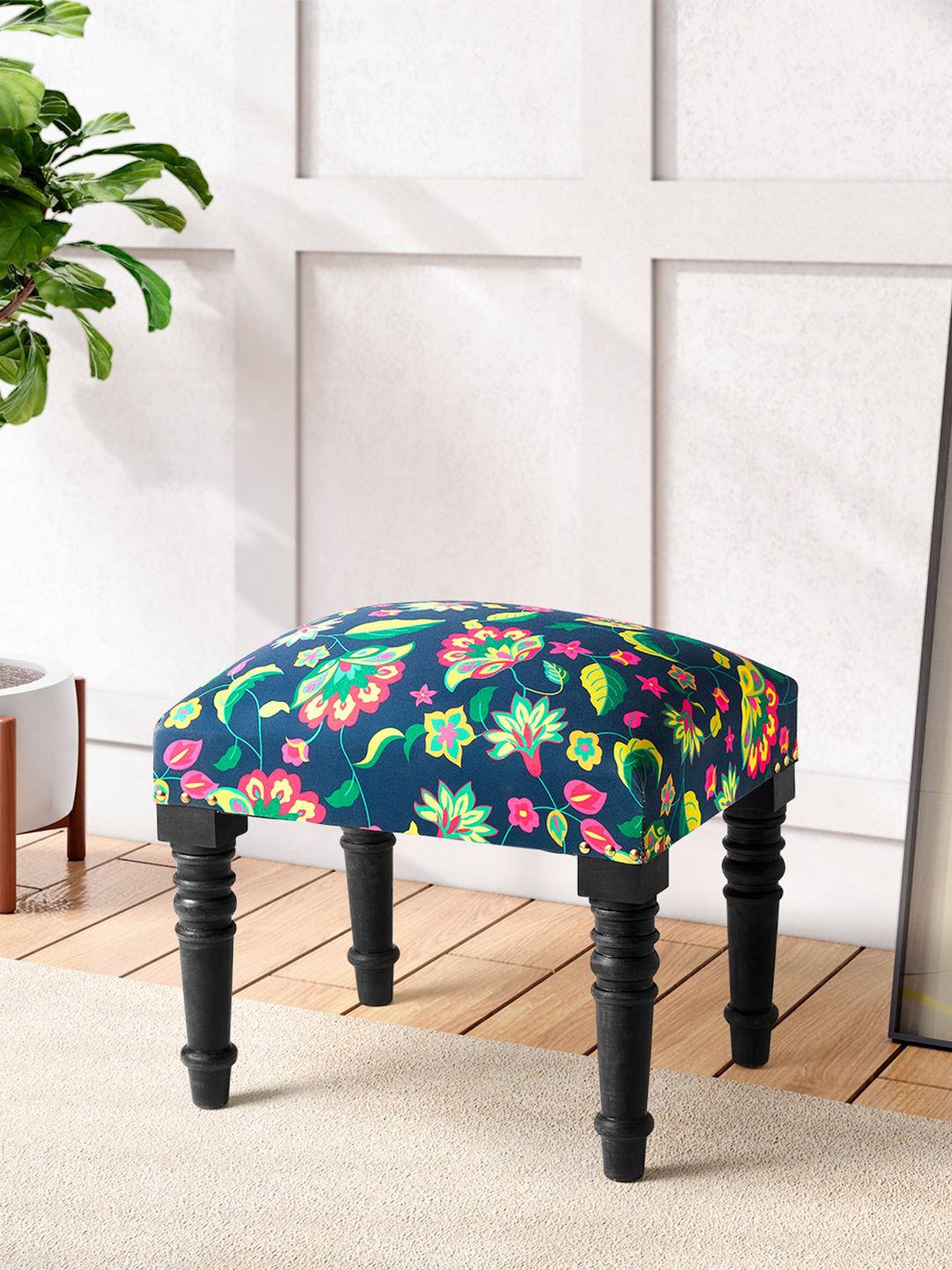 

India Circus by Krsnaa Mehta Blue & Pink Floral Printed Wooden Ottomans