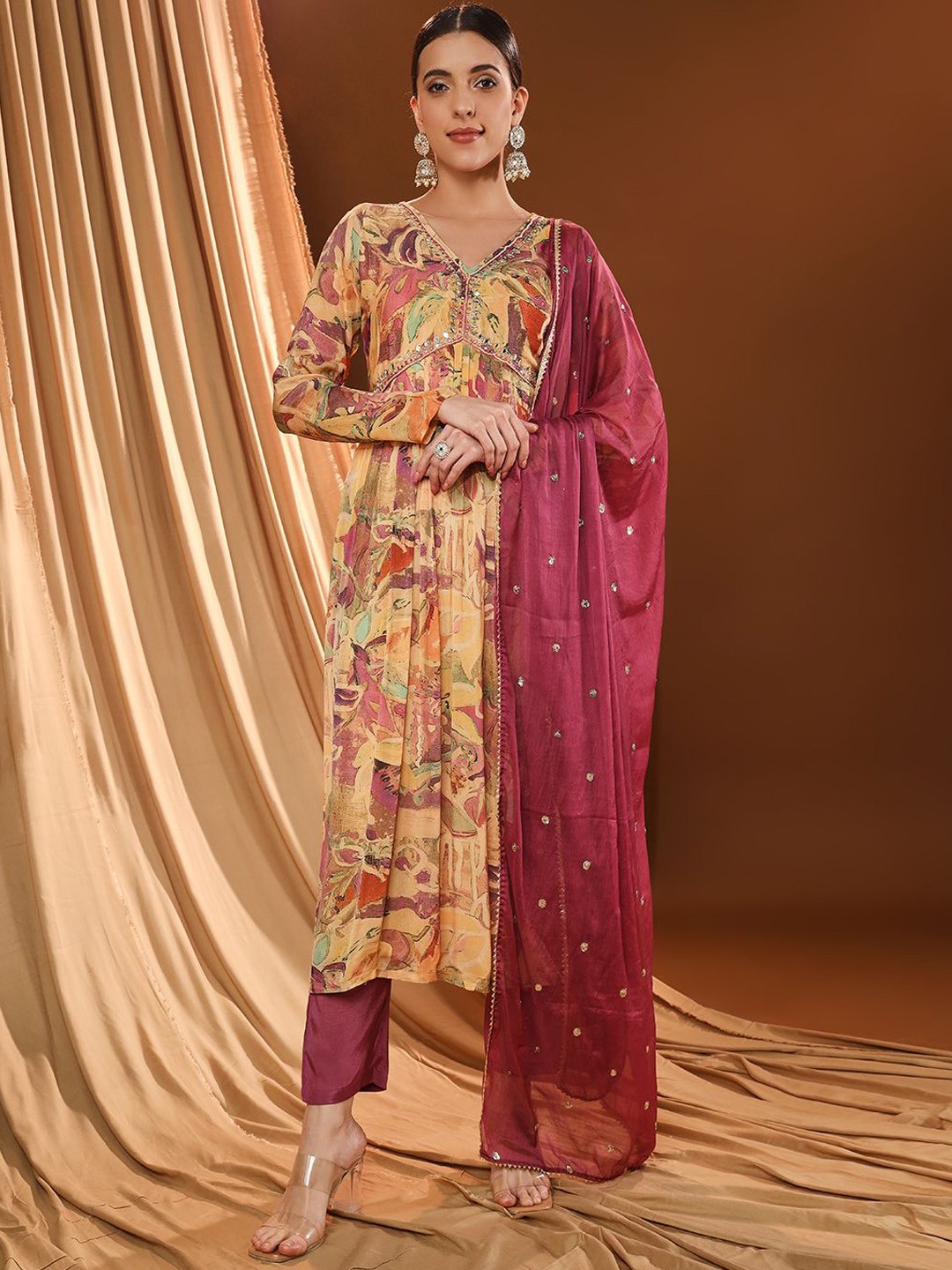 

VESH Women Floral Printed Beads and Stones Kurta with Trousers & With Dupatta, Mustard