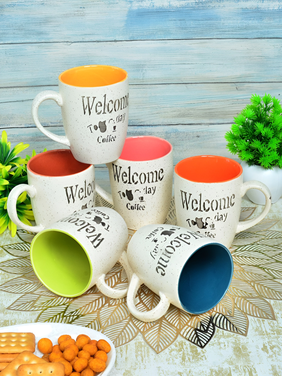 

FABINALIV White & Green Printed Ceramic Matte Mugs 300 ml