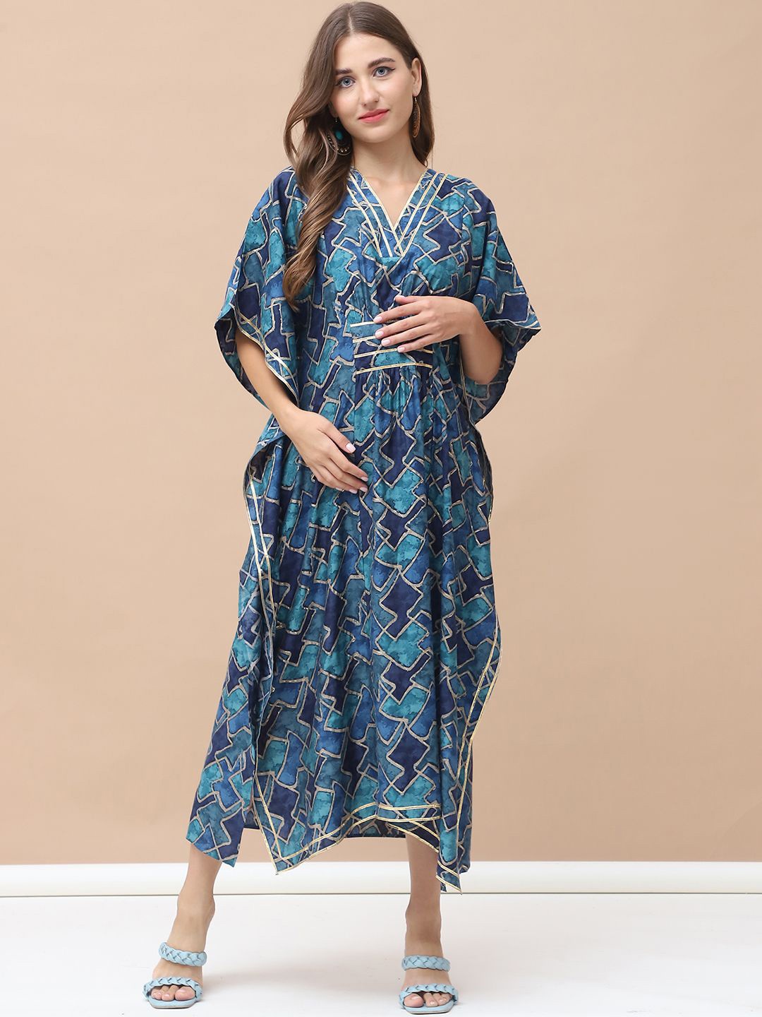 

Secret Wish Women Geometric Printed Maternity Kaftan Midi Dress, Blue