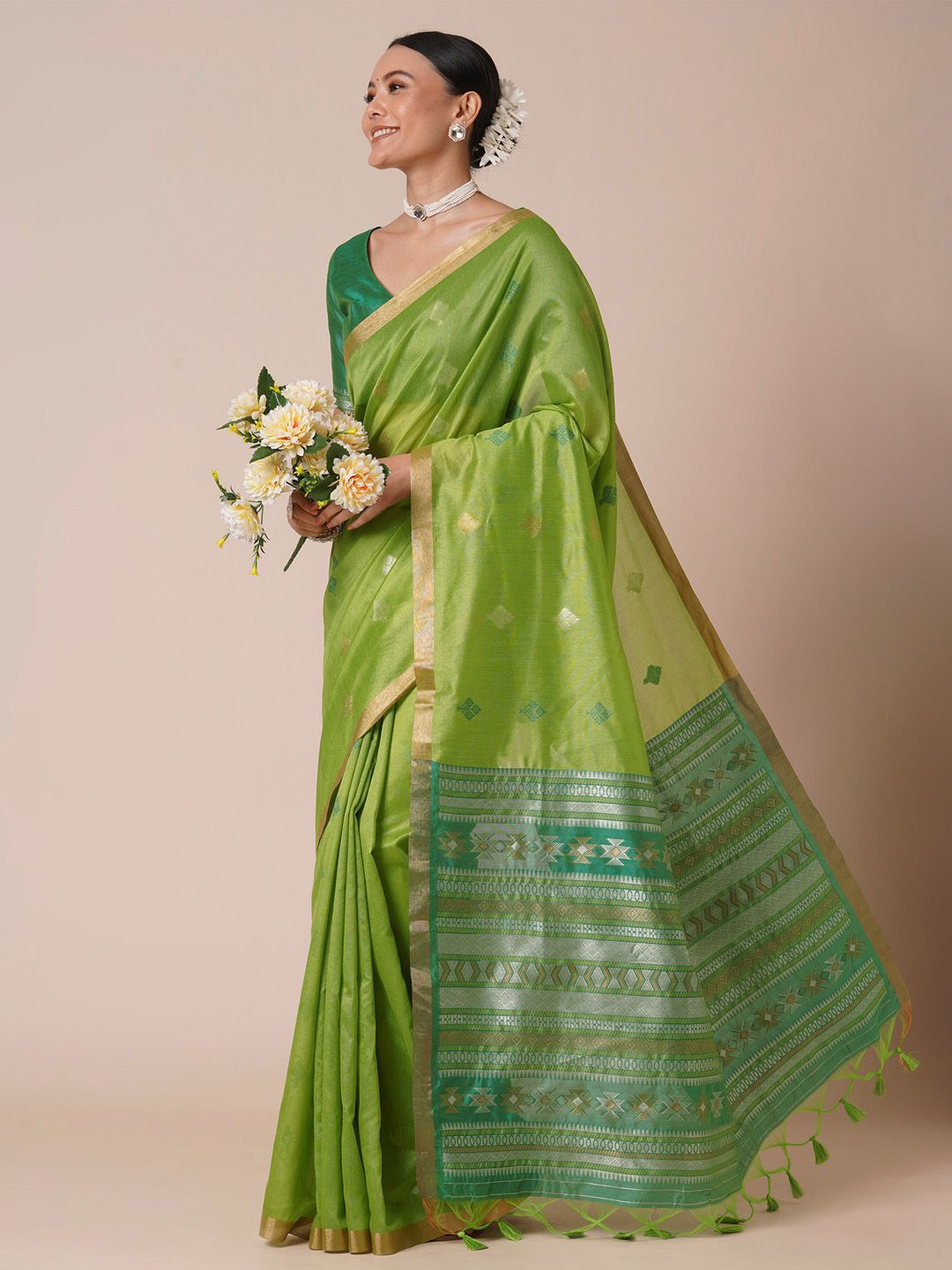 

House of Pataudi Woven Design Banarasi Saree With Blouse Piece, Green