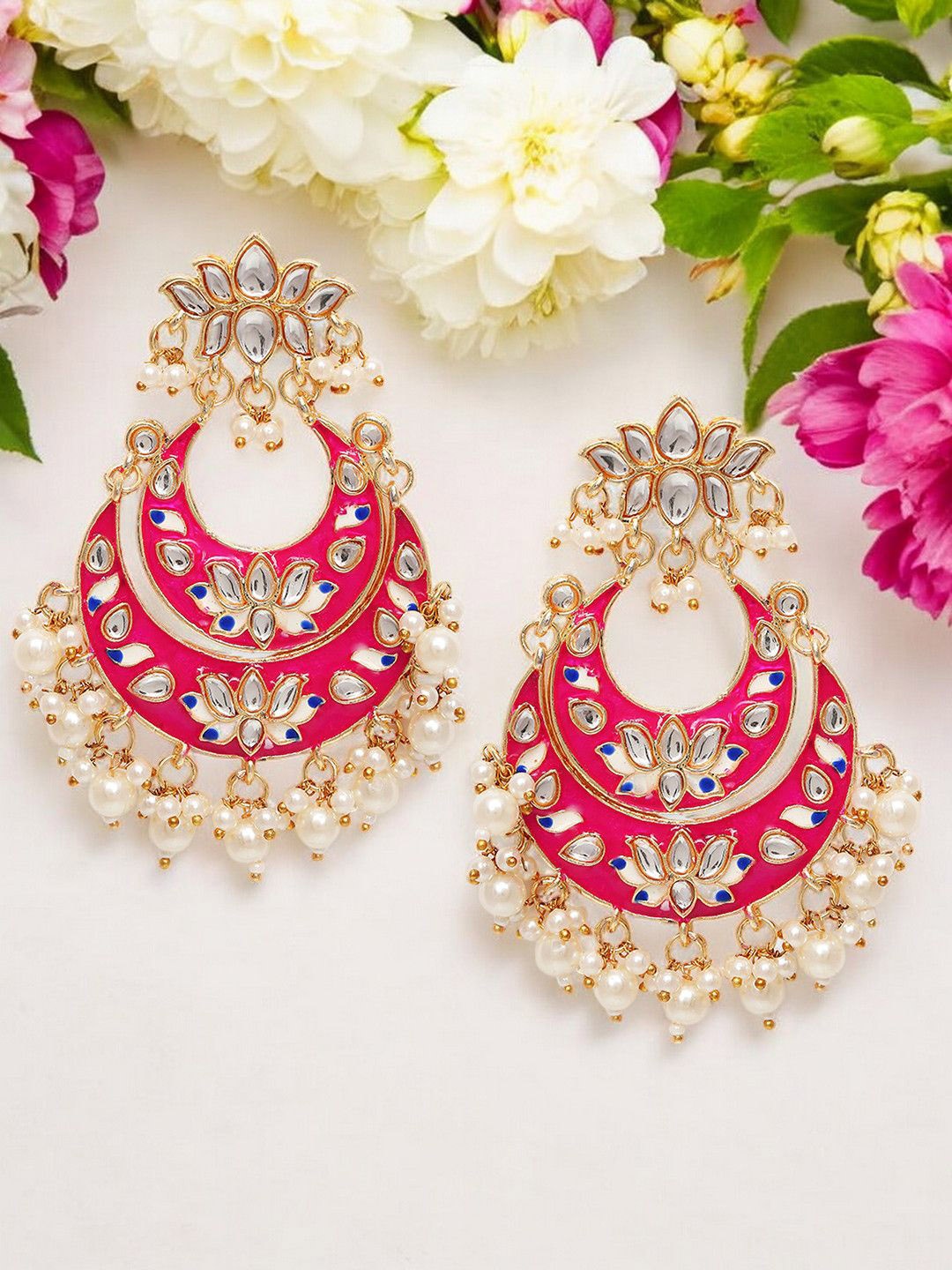 

OOMPH Gold-Plated Floral Meenakari Chandbalis Earrings, Pink
