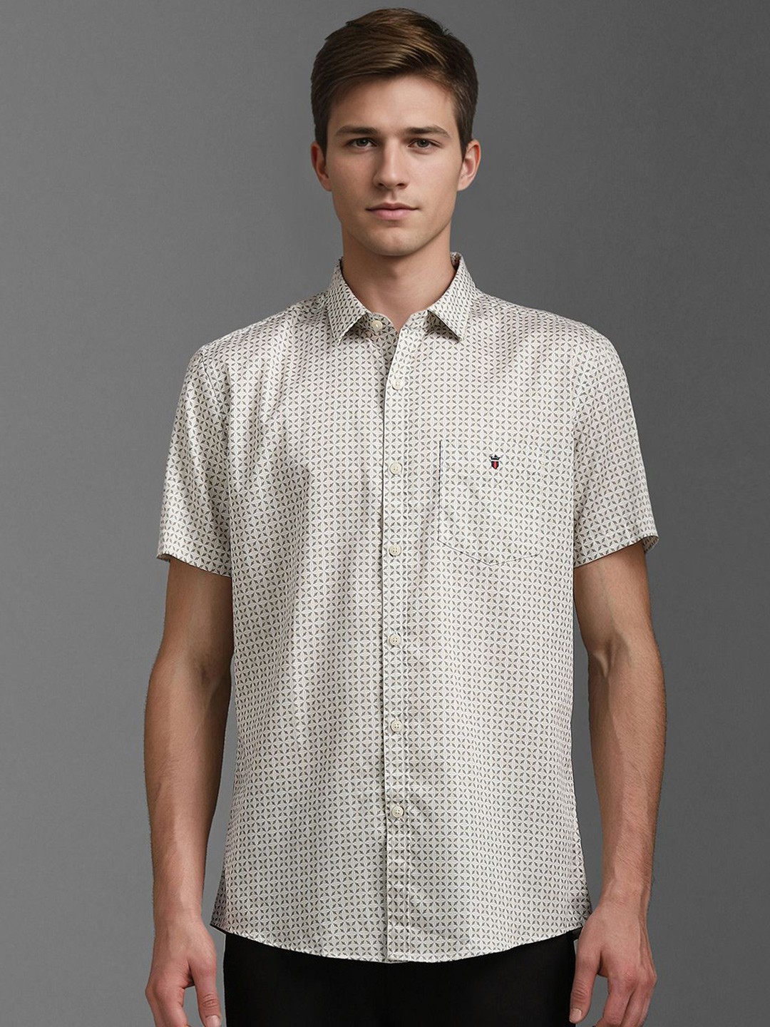 

Louis Philippe Sport Men Spread Collar Micro Ditsy Printed Cotton Slim Fit Casual Shirt, Beige