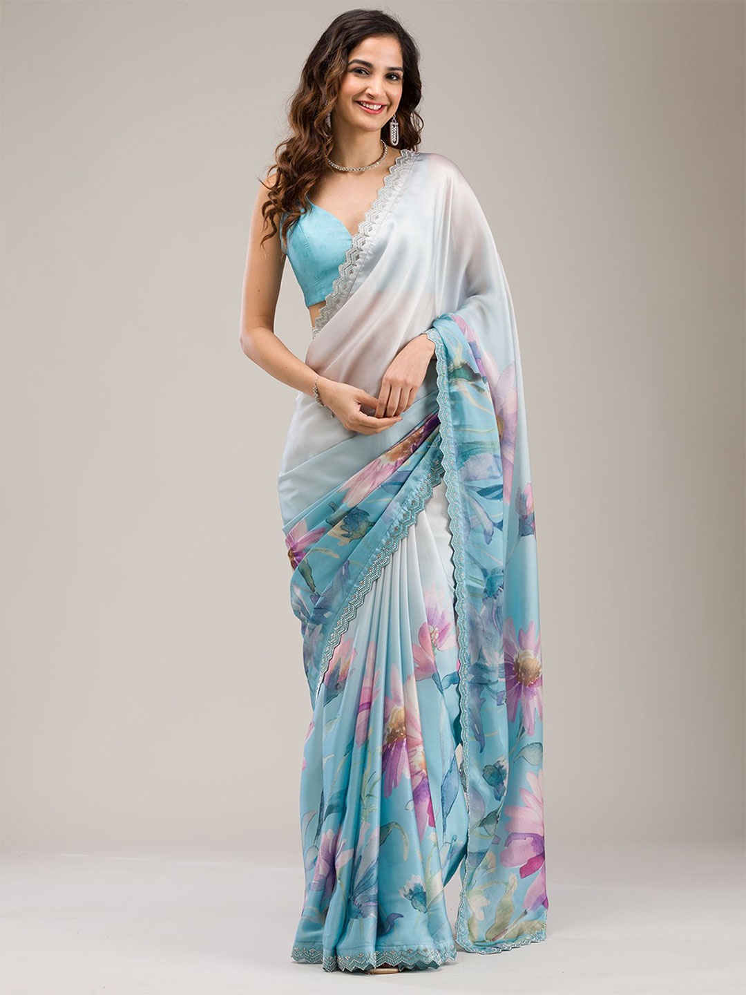 

Koskii Beads and Stones Floral Printed Pure Georgette Saree, White