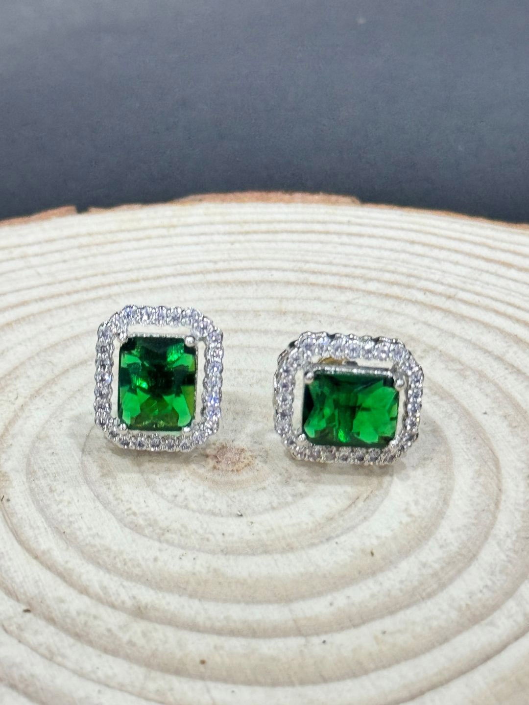 

The Jewellery Tale American Diamond Square Studs, Green