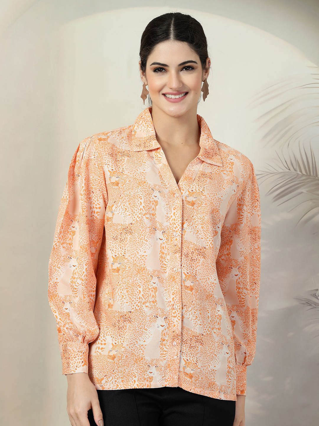 

plusS Women Standard Spread Collar Animal Printed Casual Shirt, Orange