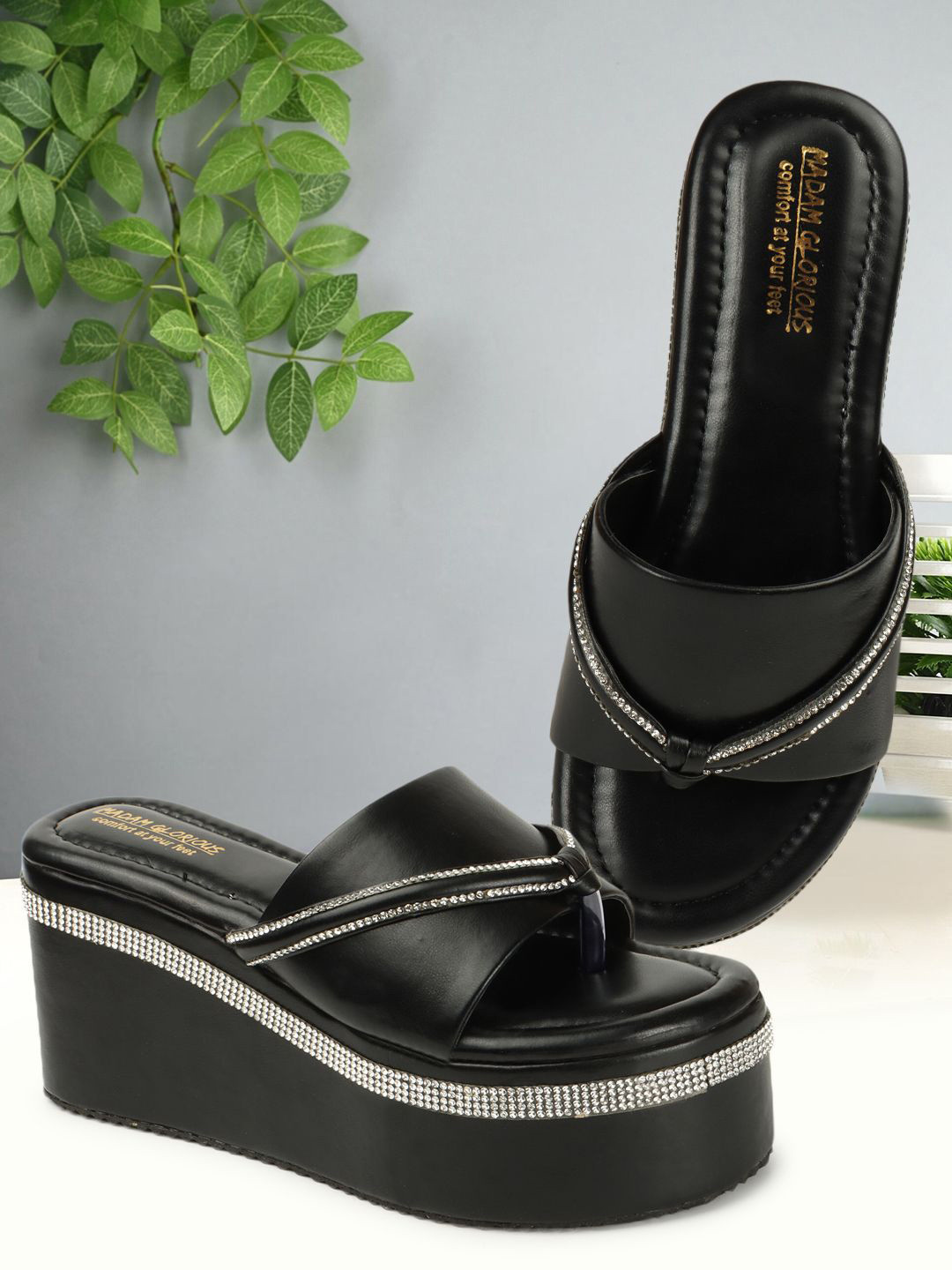 

madam glorious Women Embellished Round Toe Party Wedge Sandals, Black