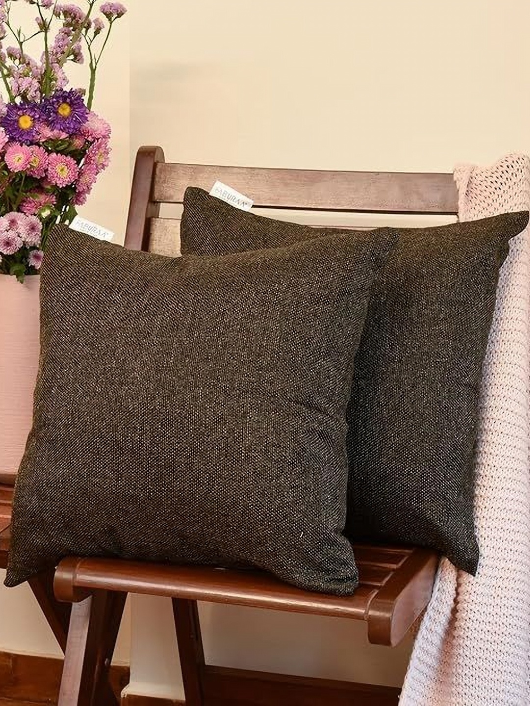 

FABURAA Brown 3 Pieces Jute Silk Square Cushion Covers