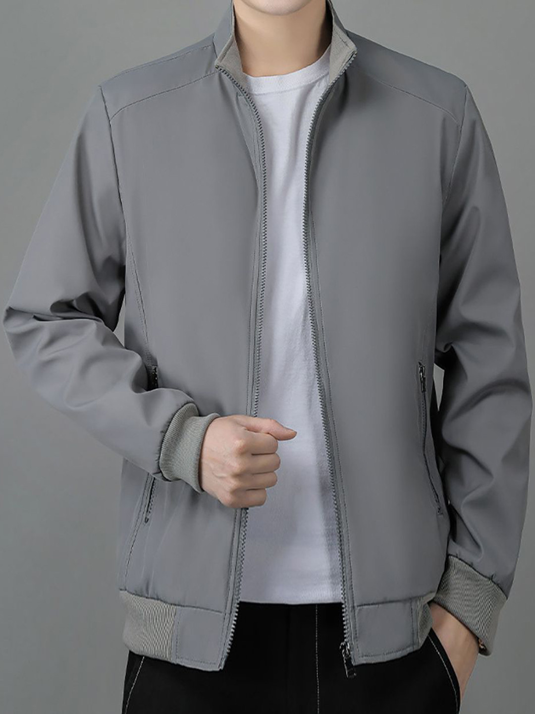 

StyleCast x Revolte Men Stand Collar Bomber Jacket, Grey