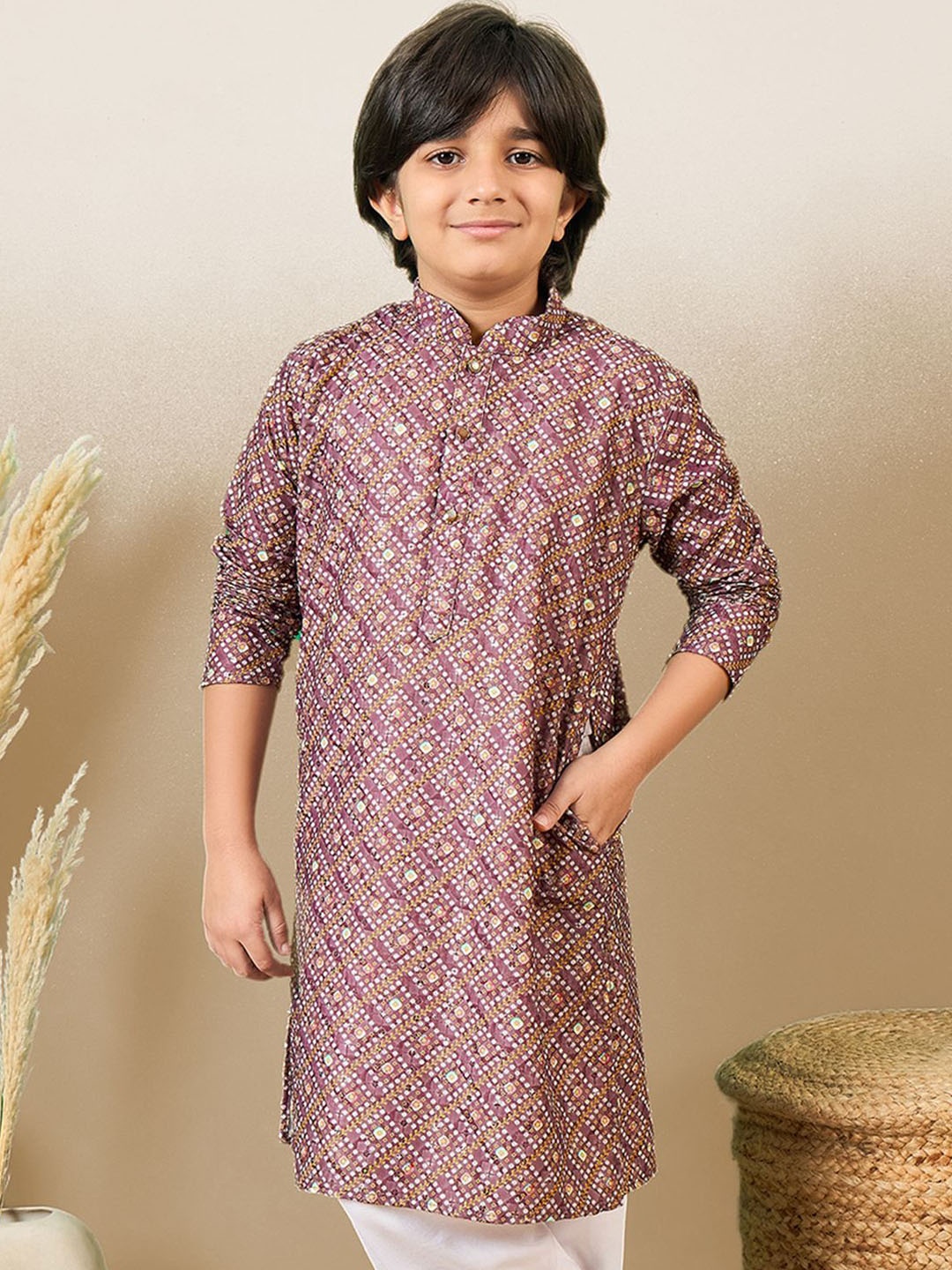 

YK Boys Cotton Printed Mandarin Collar Long Sleeves Kurtas, Purple