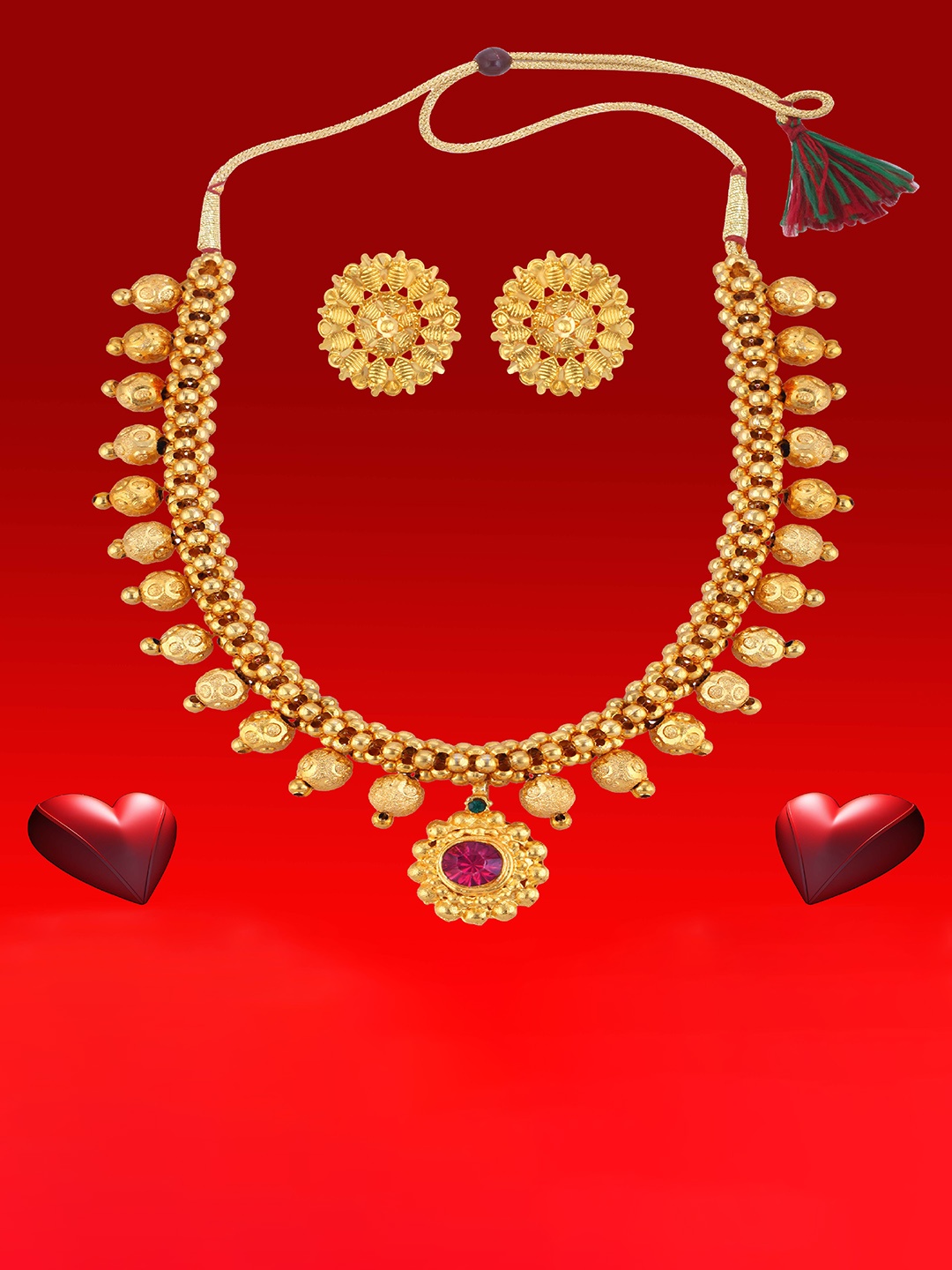 

Heer Collection Gold Plated Artificial Stones Studded Thushi Choker Necklace With Studs