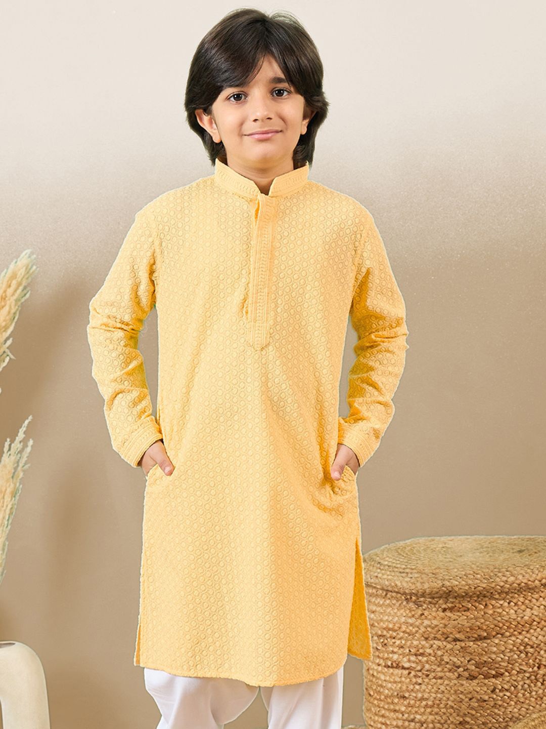 

YK Boys Cotton Embroidered Chikankari Kurta, Yellow