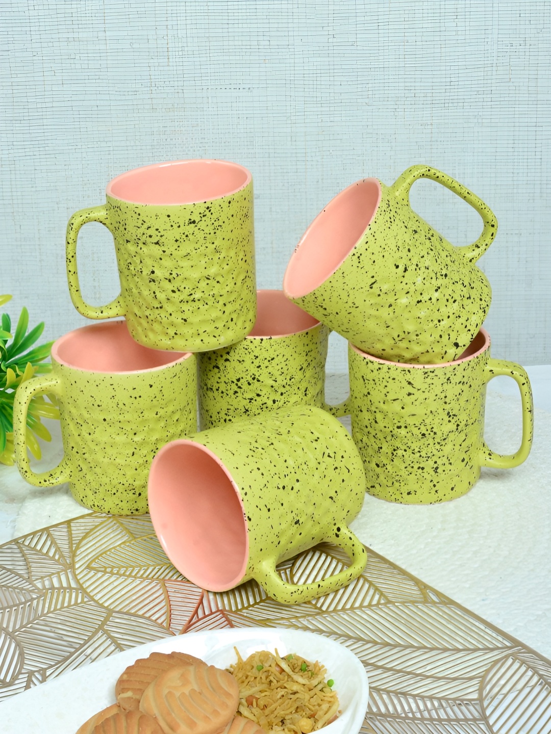 

FABINALIV Yellow & Pink 6 Pieces Textured Ceramic Matte Mugs 300 ml