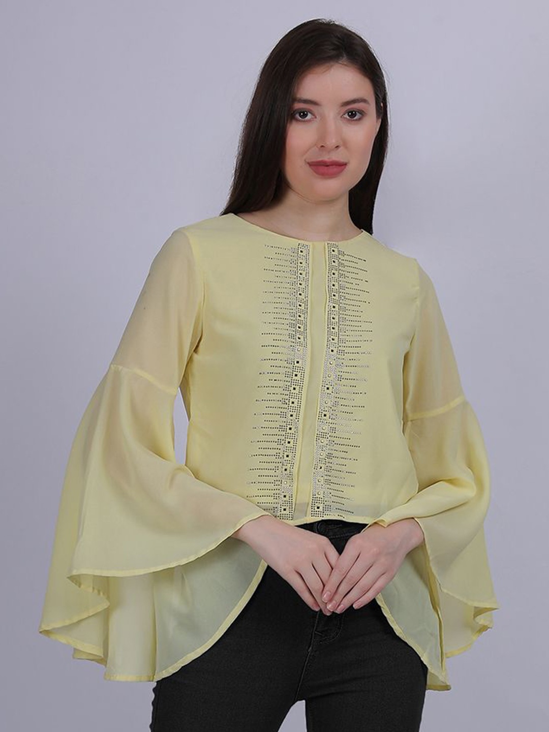 

Aumbe Women Embellished Round Neck Top, Yellow