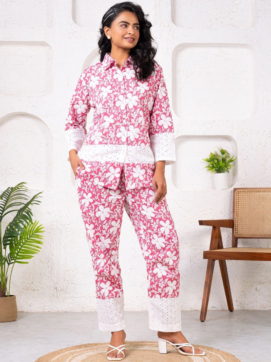 

SAADGEE Printed Shirt With Trousers Co-Ords, Pink