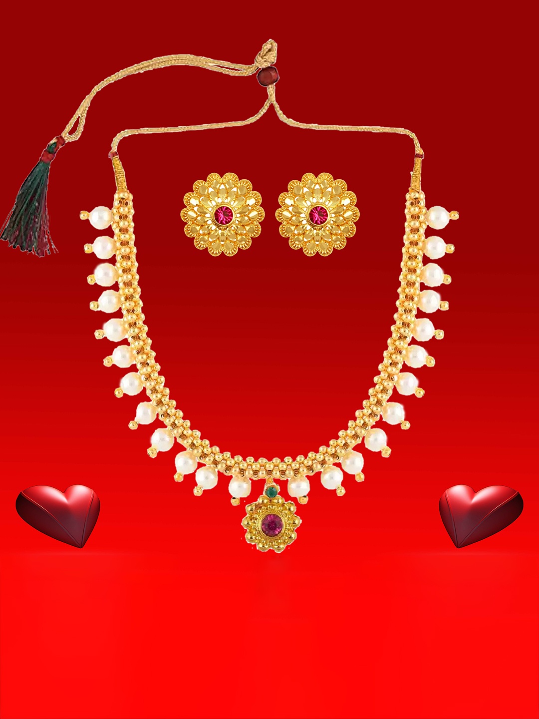 

Heer Collection Gold-Plated Stone-Studded & Beaded Jewellery Set