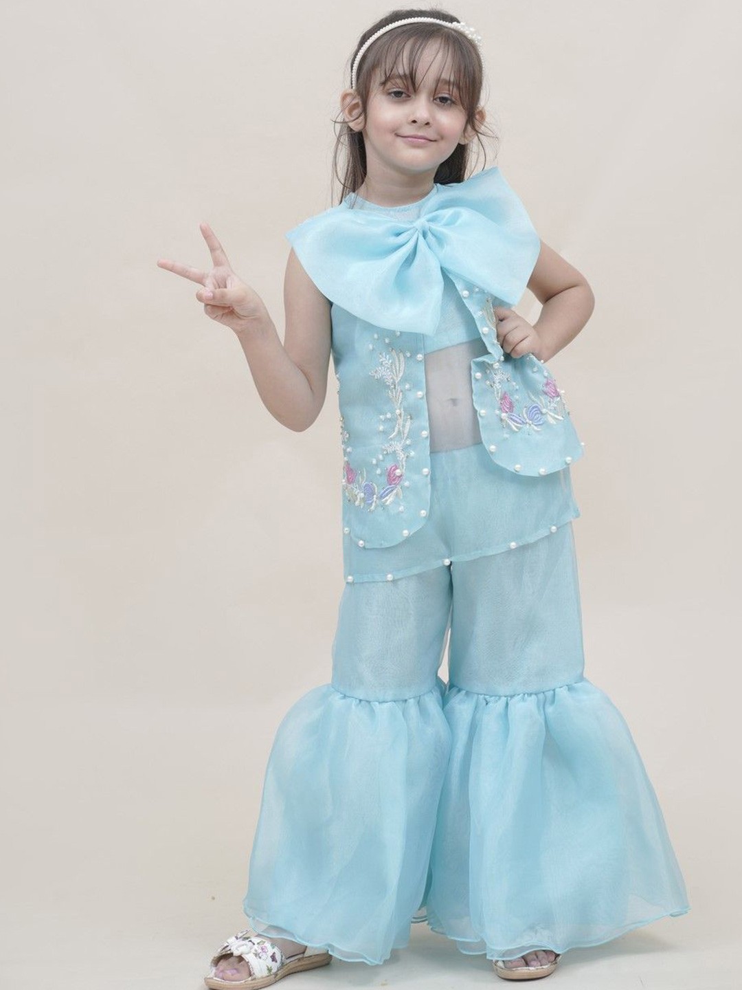 

Sangria Girls Embroidered Pure Cotton Top With Sharara, Blue
