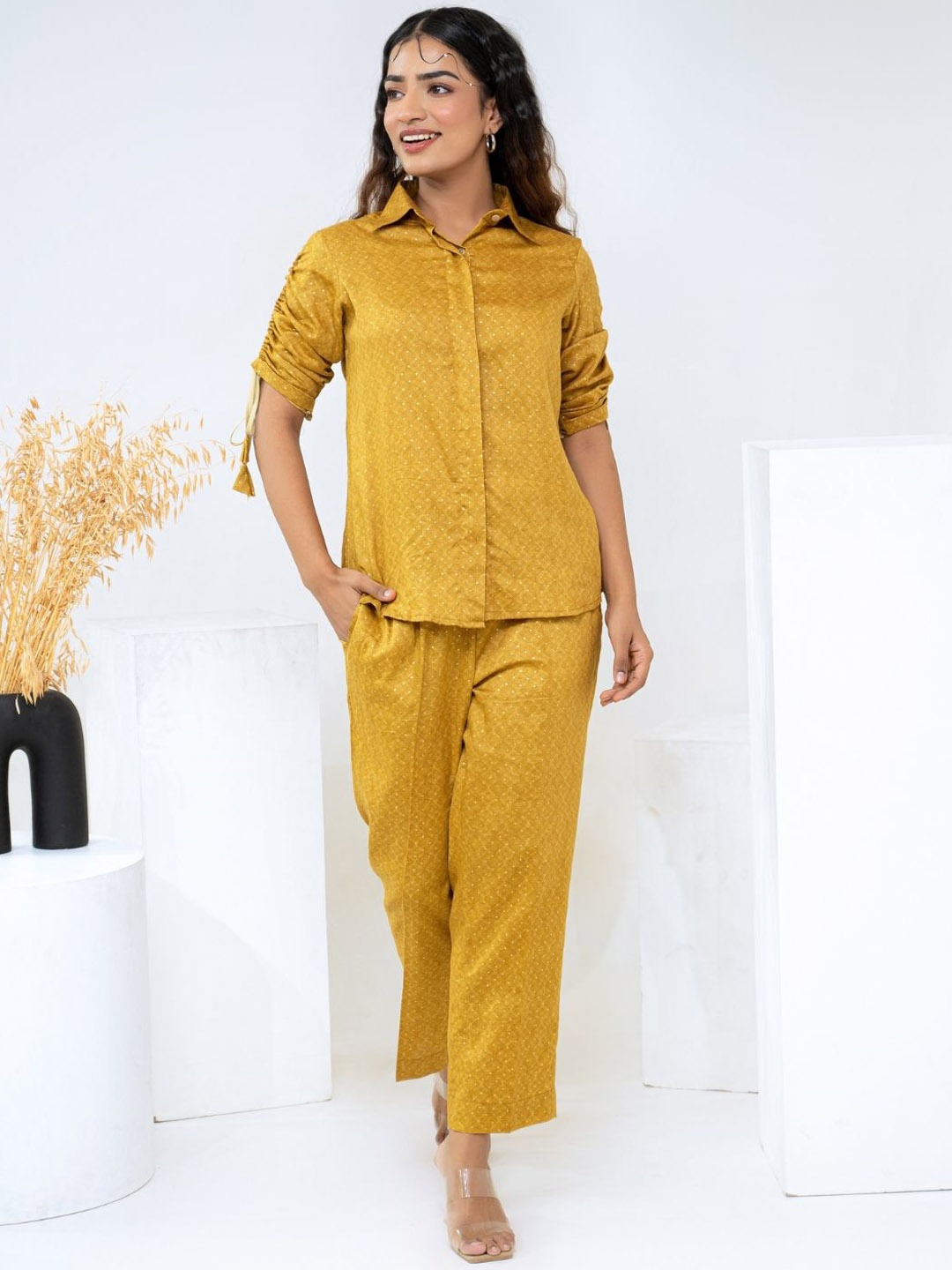 

SAADGEE Printed Shirt & Trousers Co-Ord, Mustard