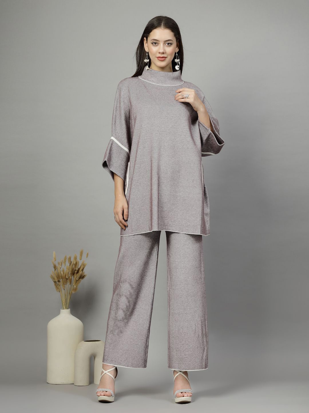 

Mafadeny Turtle Neck Longline Top With Trousers, Grey