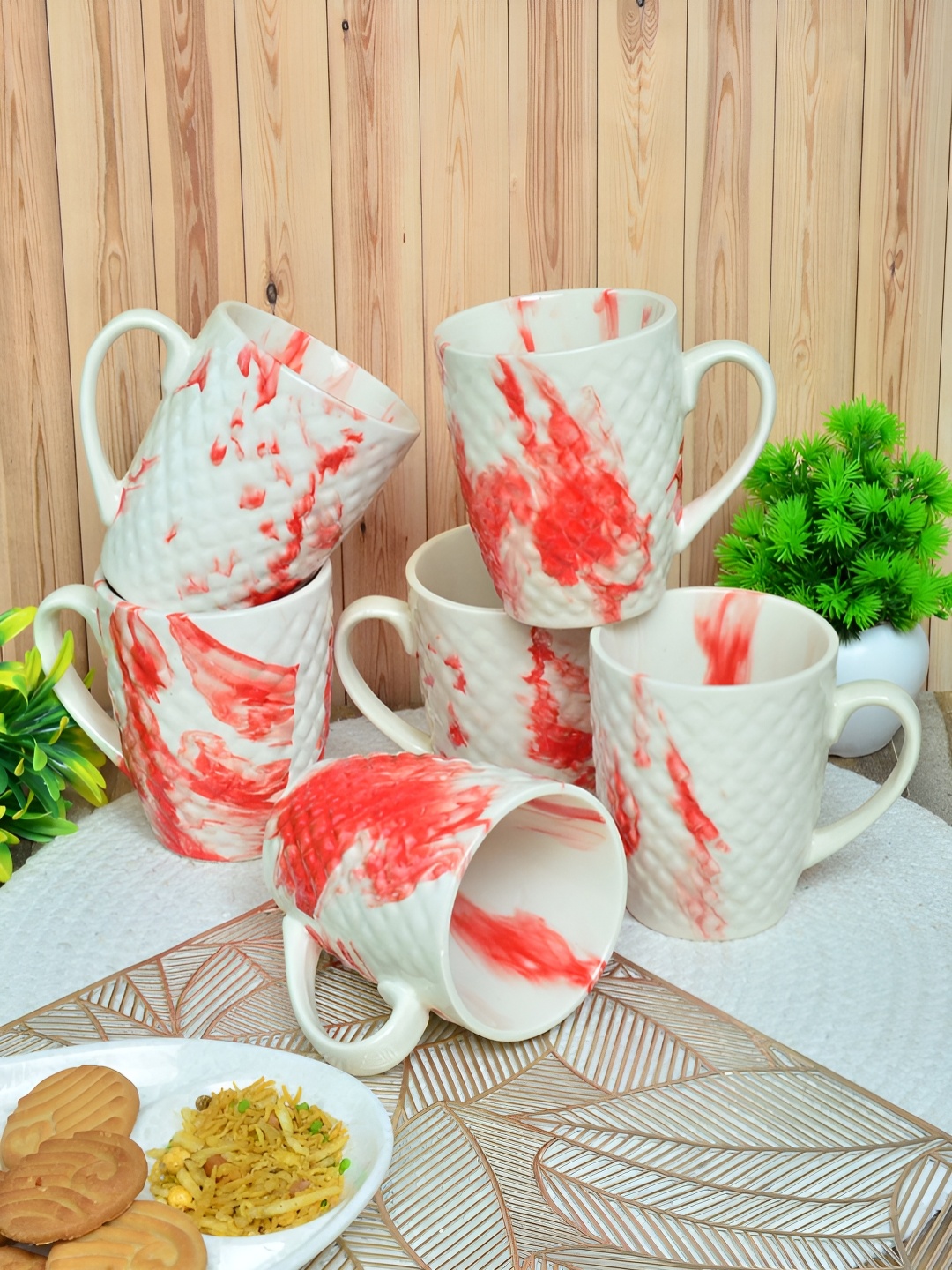 

FABINALIV White & Red 6 Pieces Textured Ceramic Glossy Mugs 300 ml
