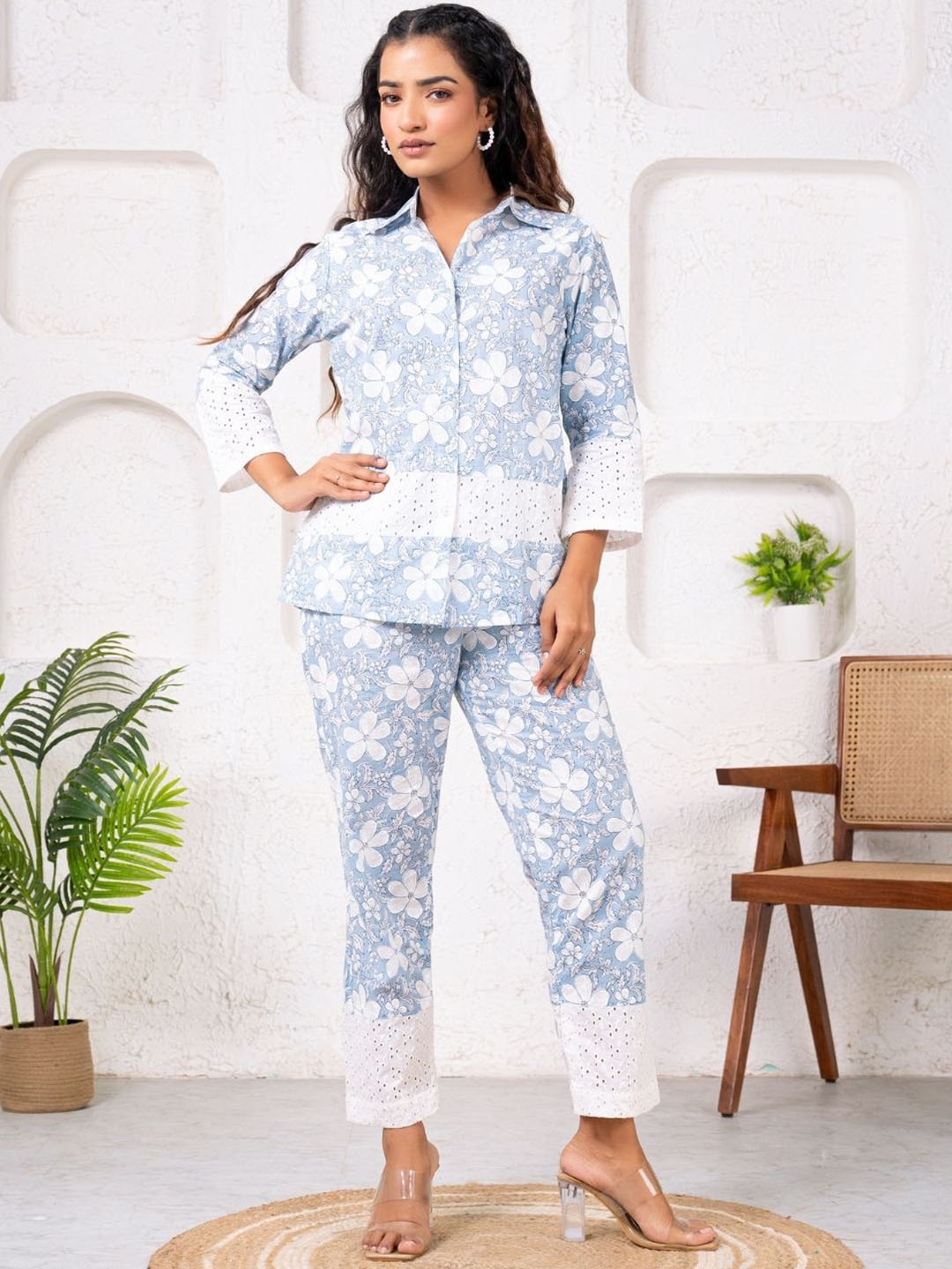 

SAADGEE Printed Cotton Shirt With Trousers Co-Ords, Blue