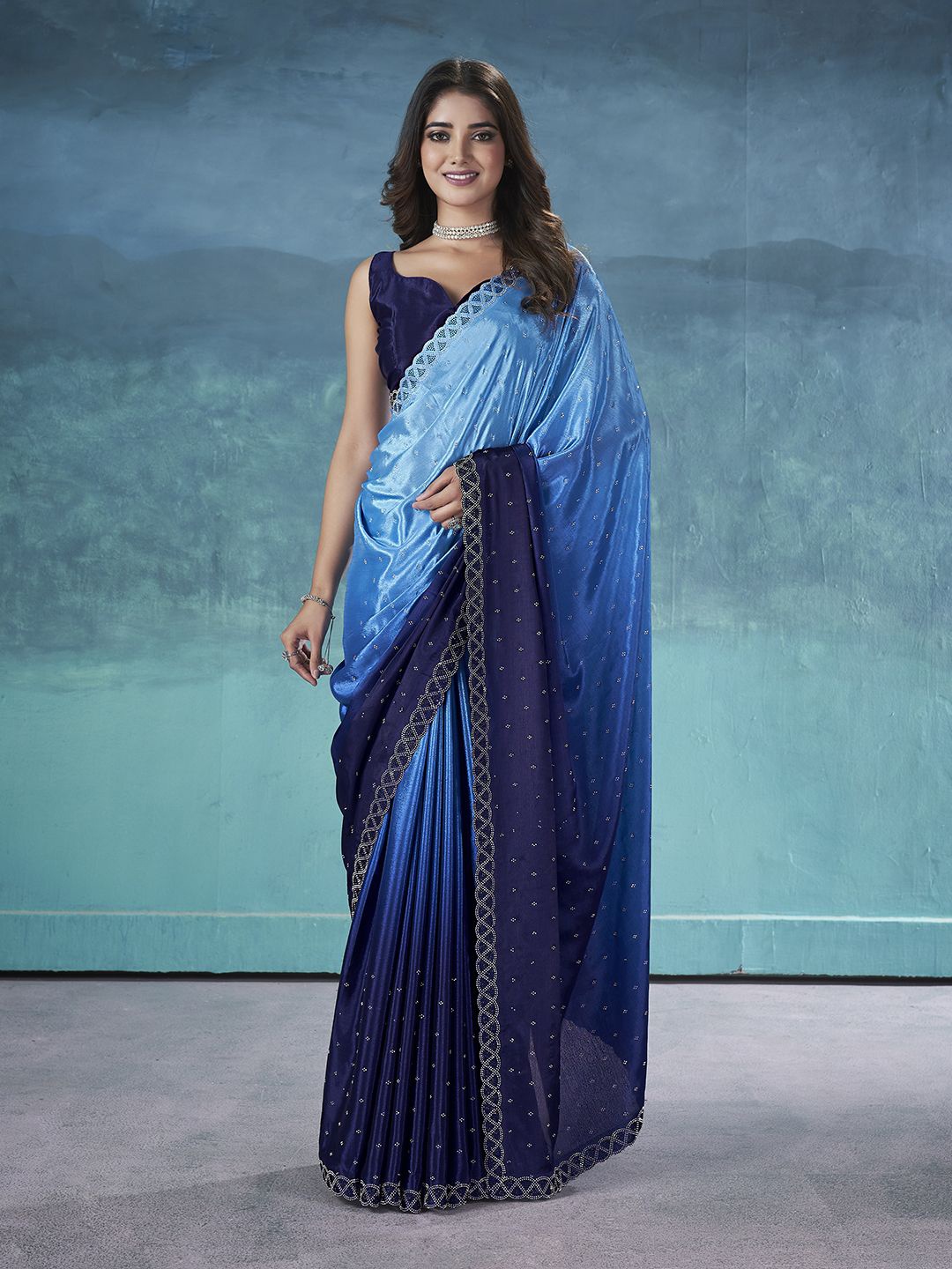 

Ethnielle Embellished Beads and Stones Saree, Blue