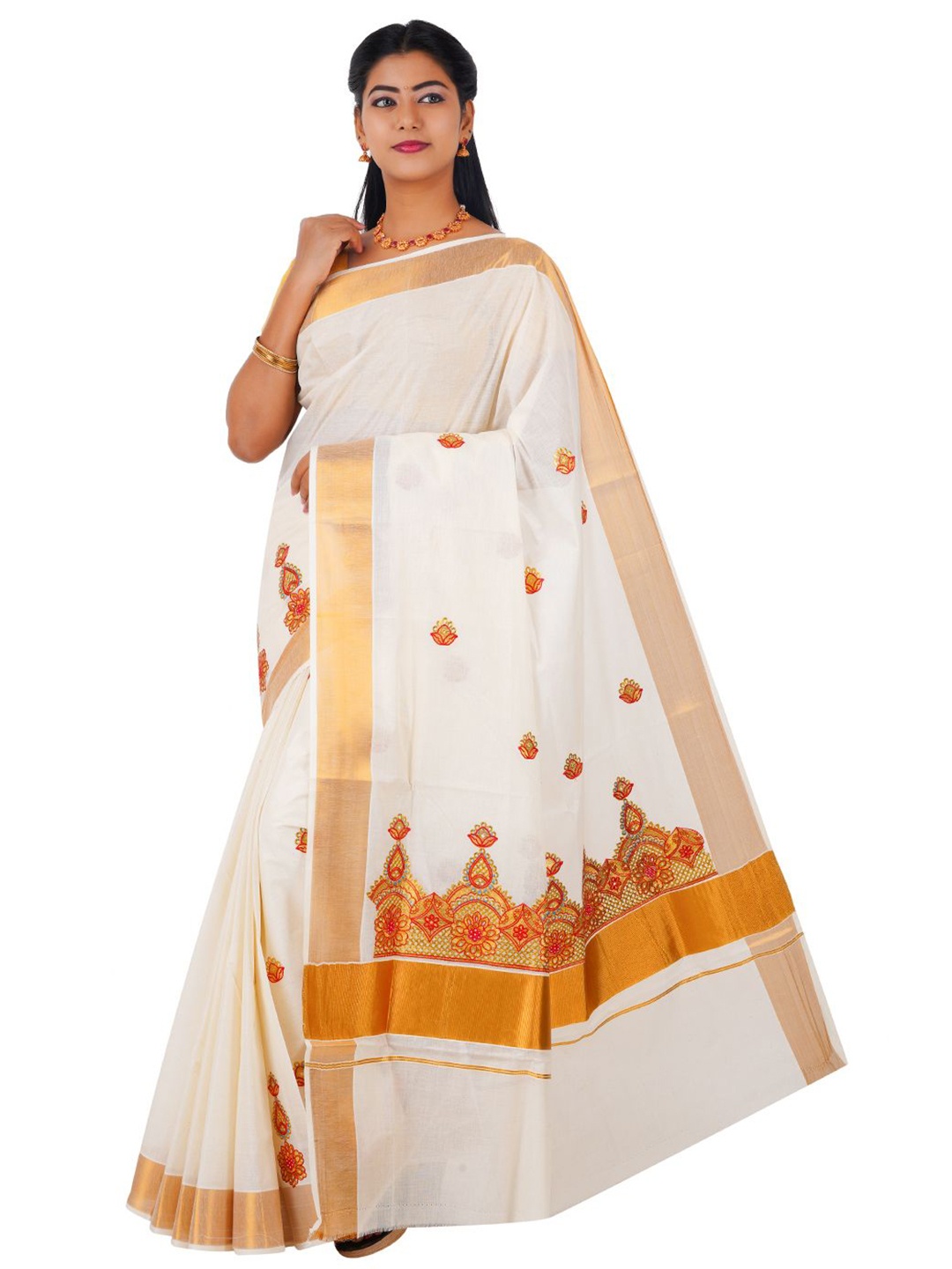

Rst R Selvamani Tex Ethnic Motifs Zari Pure Cotton Kasavu Saree, Off white
