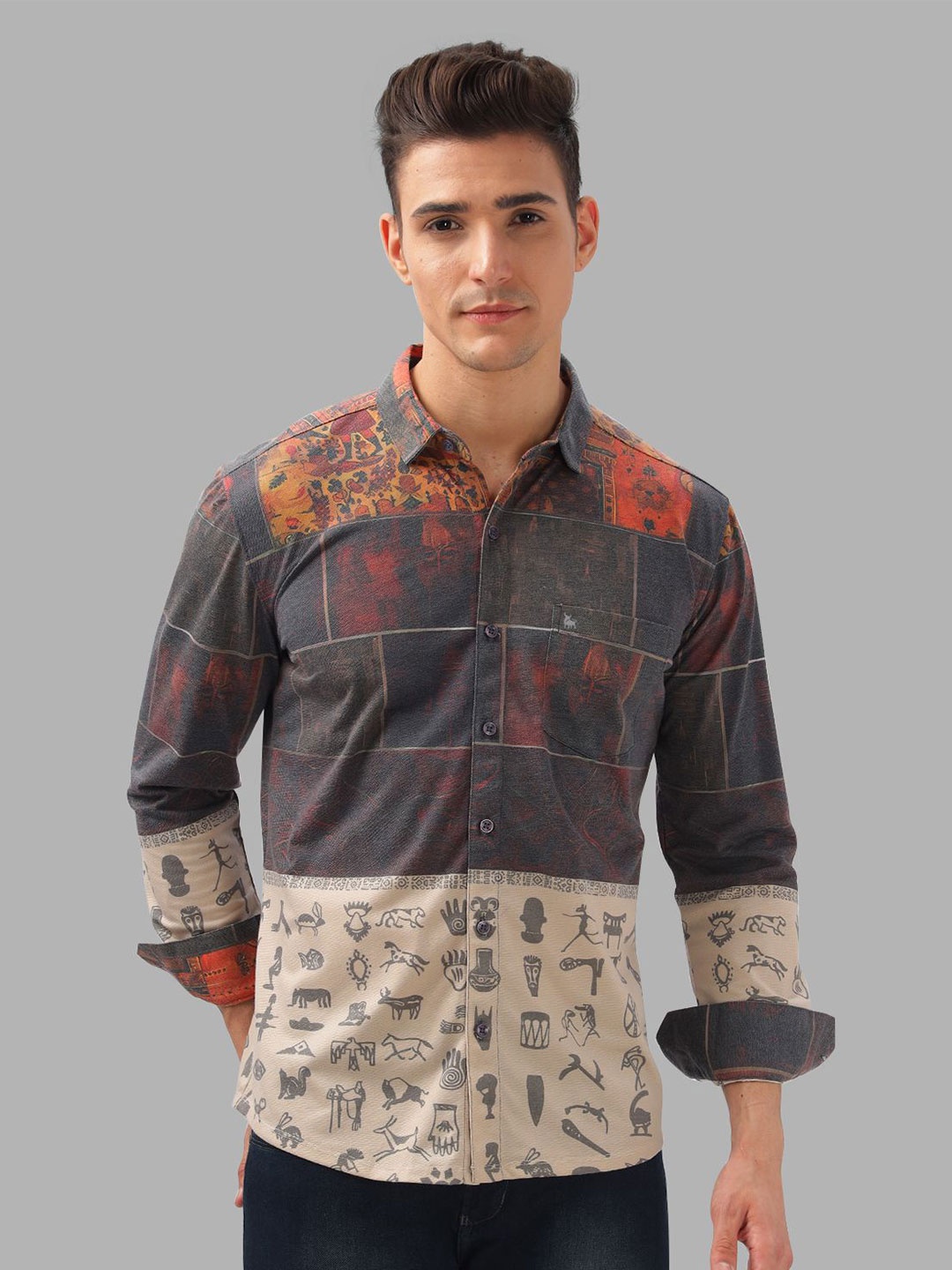 

BULLMER Men Spread Collar Abstract Printed Cotton Casual Shirt, Blue