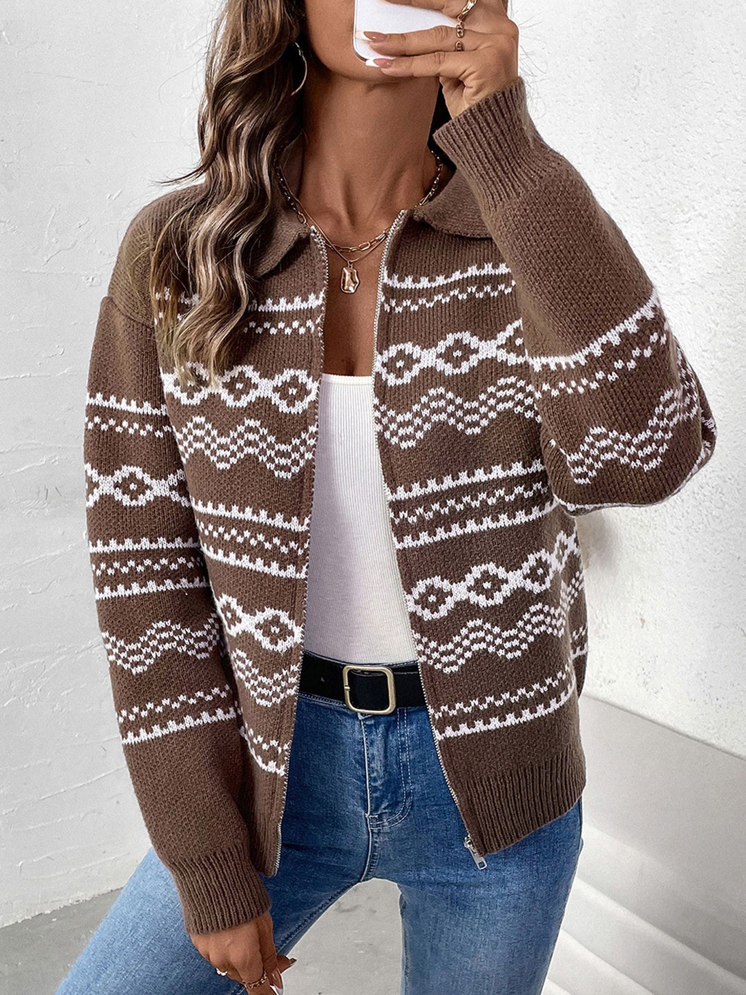 

StyleCast x Revolte Women Printed Spread Collar Tailored Jacket, Brown