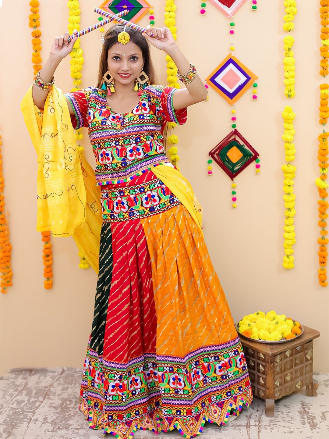 

BownBee Girls Embroidered Ready to Wear Cotton Lehenga & Blouse With Dupatta, Pink