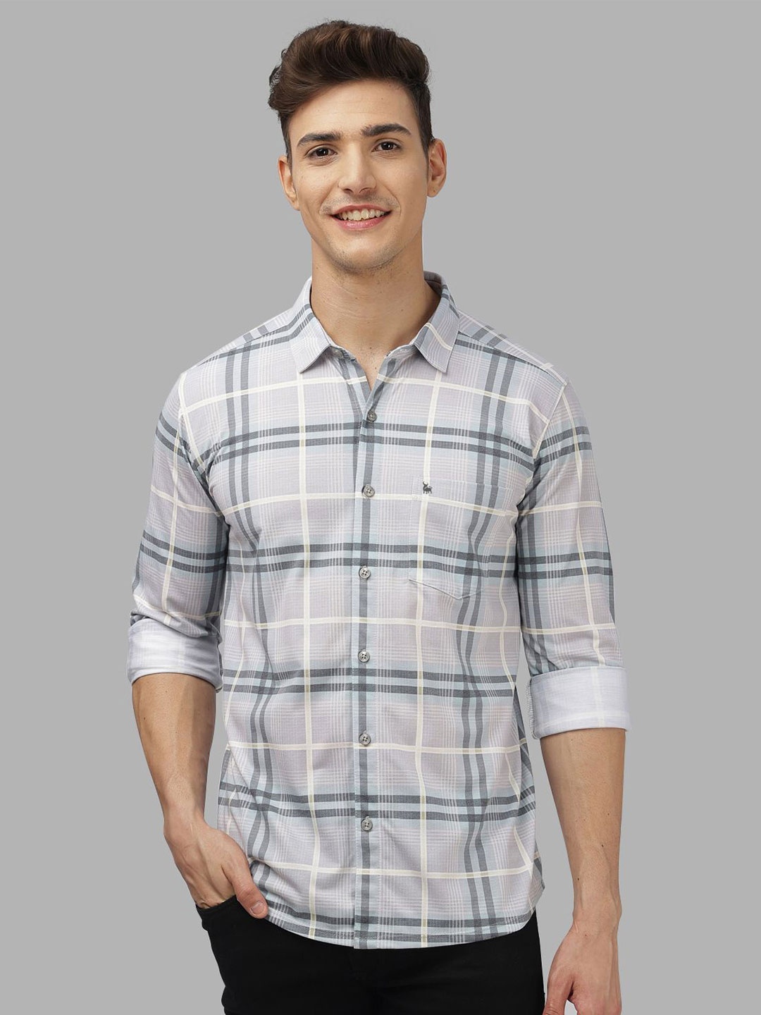 

BULLMER Men Spread Collar Checked Cotton Casual Shirt, Grey